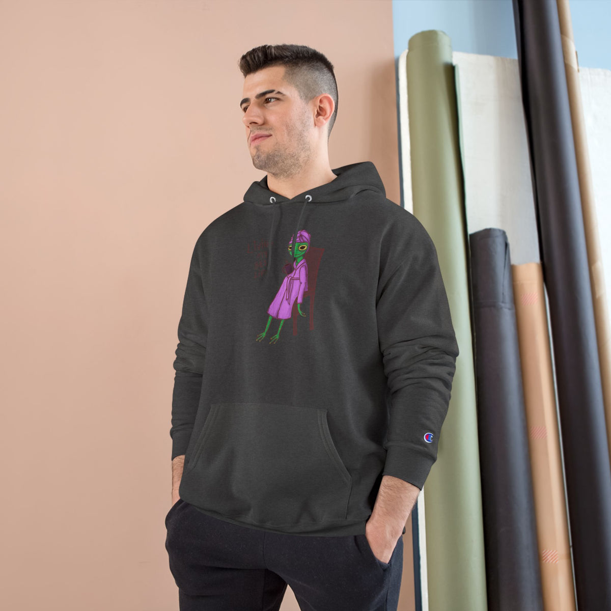 Black unisex hoodie with hood, kangaroo pocket, long sleeves, colorful front graphic