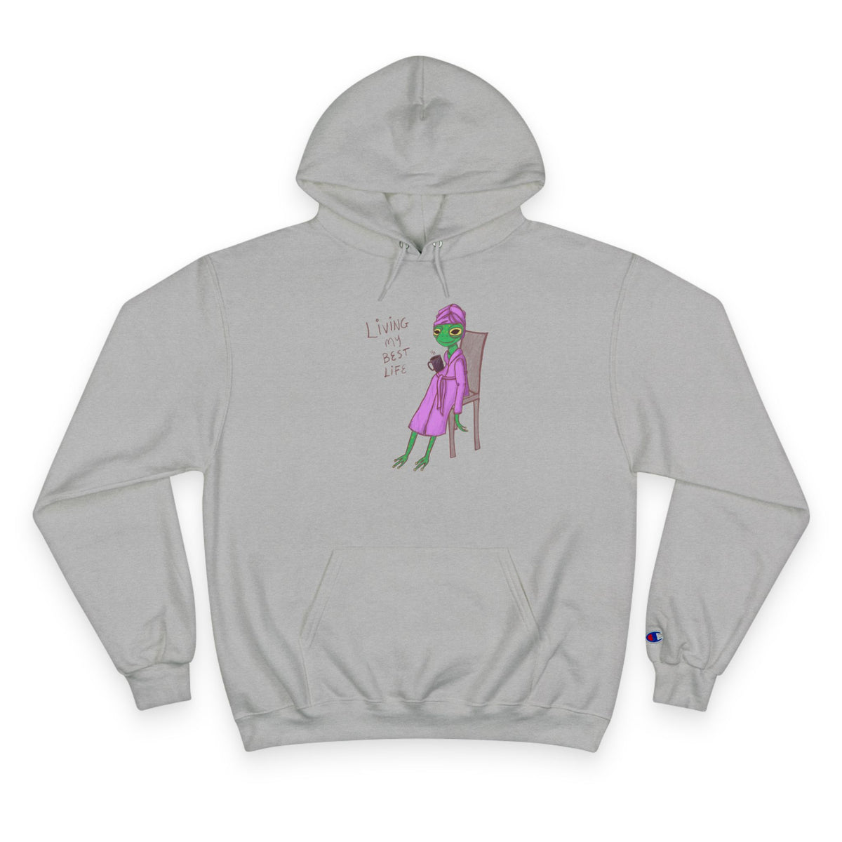 Unisex charcoal heather hoodie with drawstring hood, front pocket, and character graphic