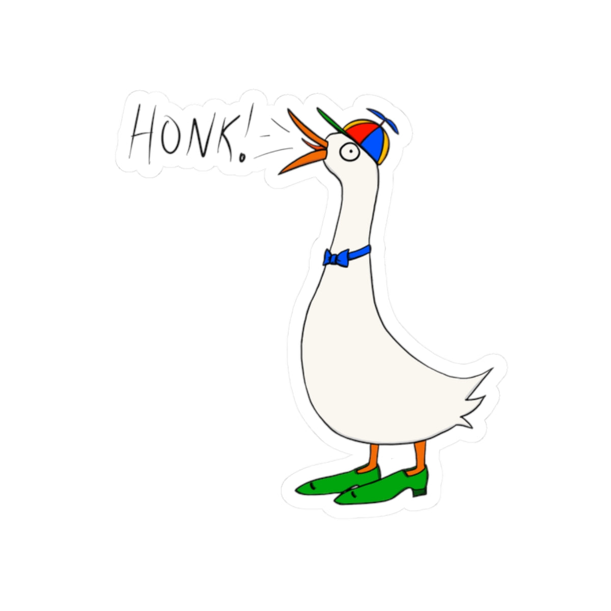 Goose kiss-cut sticker showing “HONK!” above a standing cartoon goose with green shoes