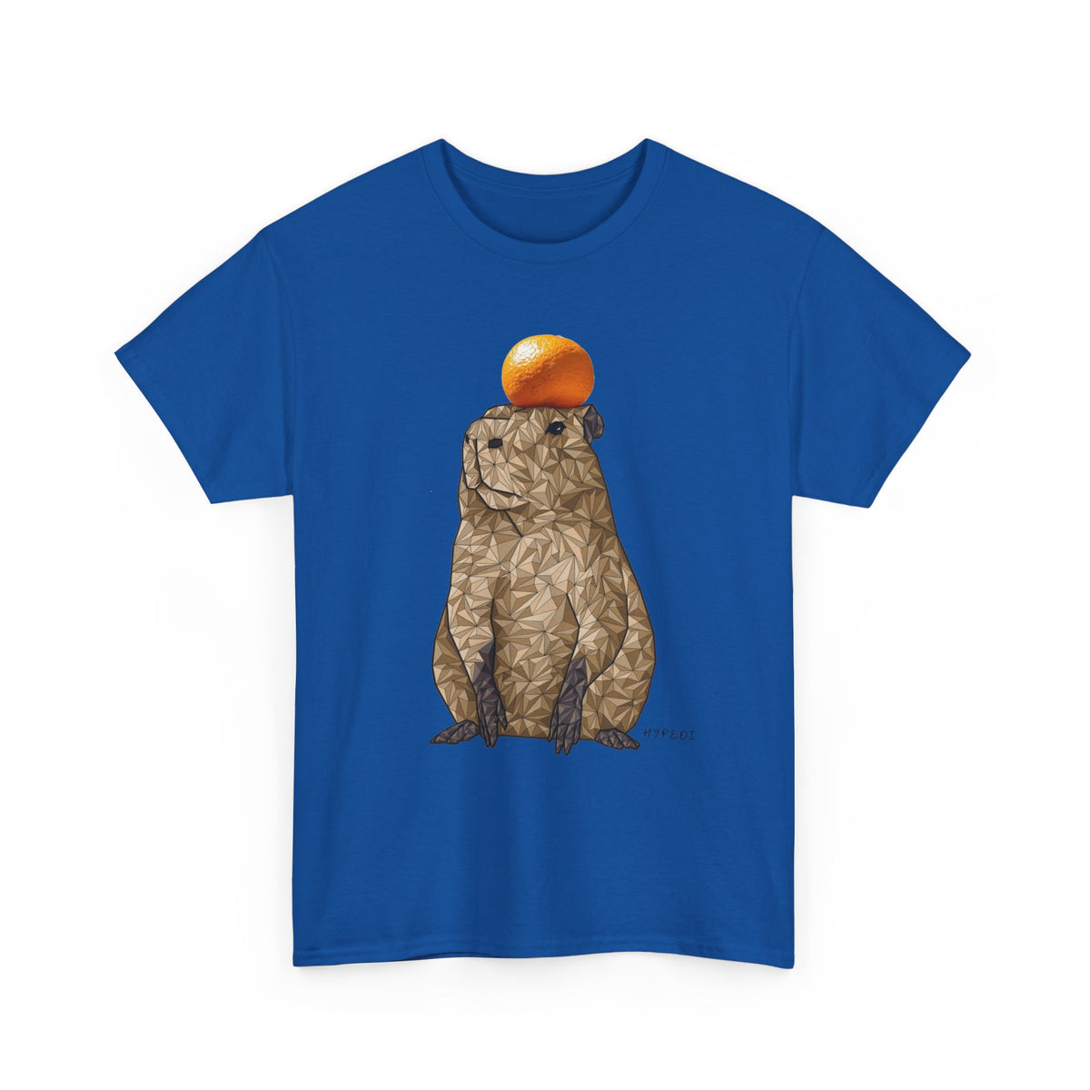 Royal blue unisex crewneck T-shirt with orange-capped capybara graphic