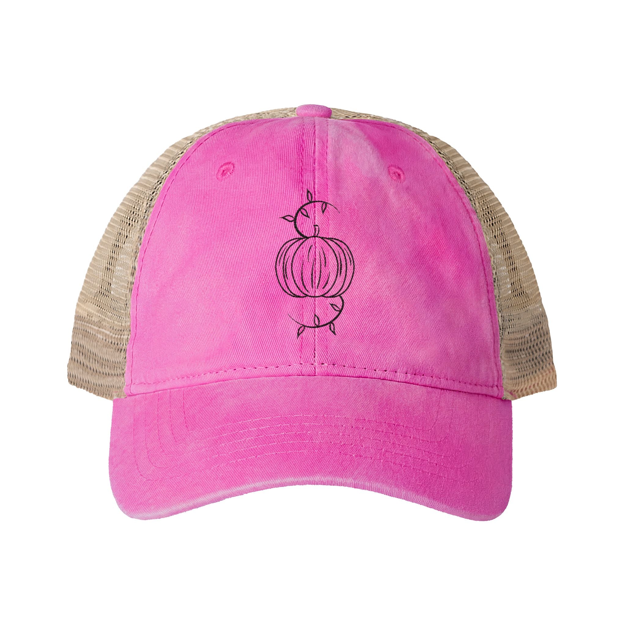 Washed mesh-back cap with dusty pink front, beige mesh back, and pumpkin logo embroidery