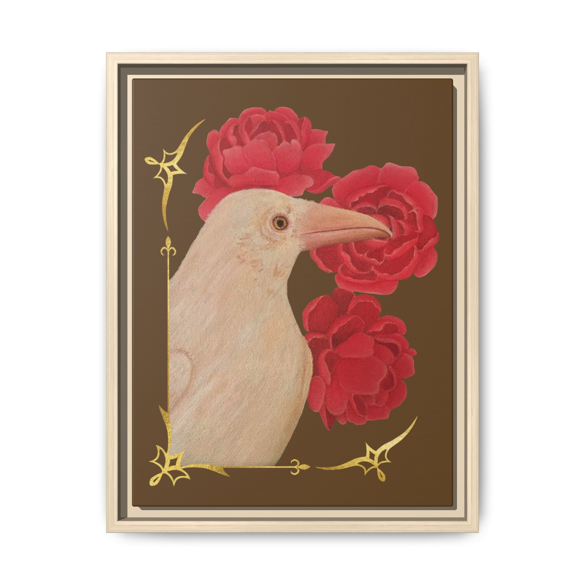 Framed canvas art print of a white raven with red peonies, natural wood frame