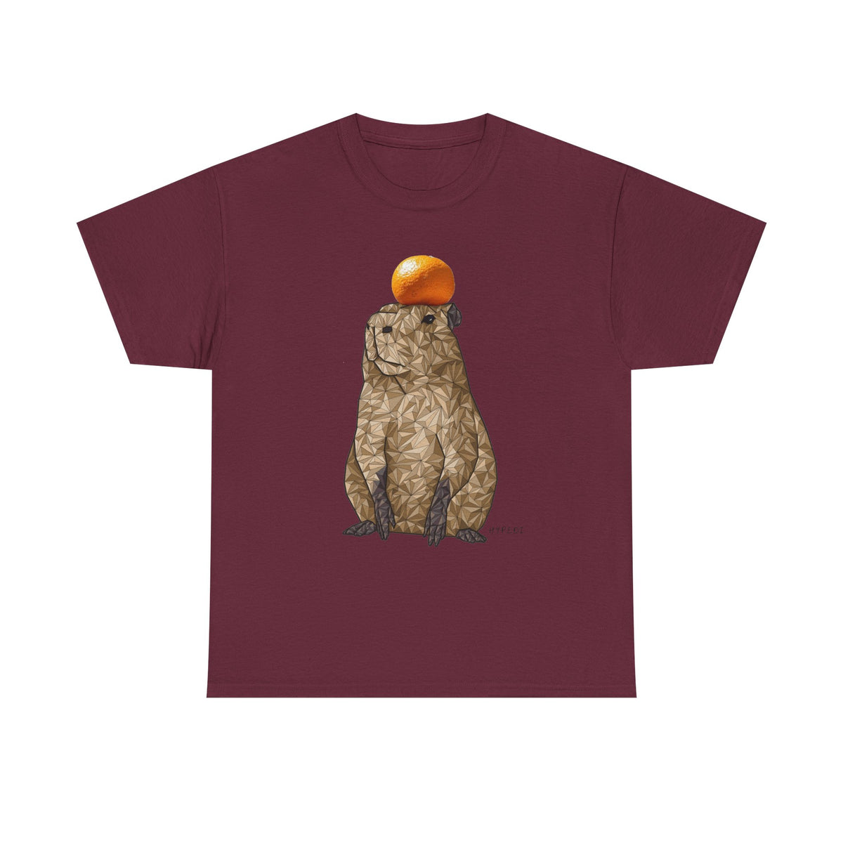 Maroon unisex T-shirt with capybara holding an orange graphic on front