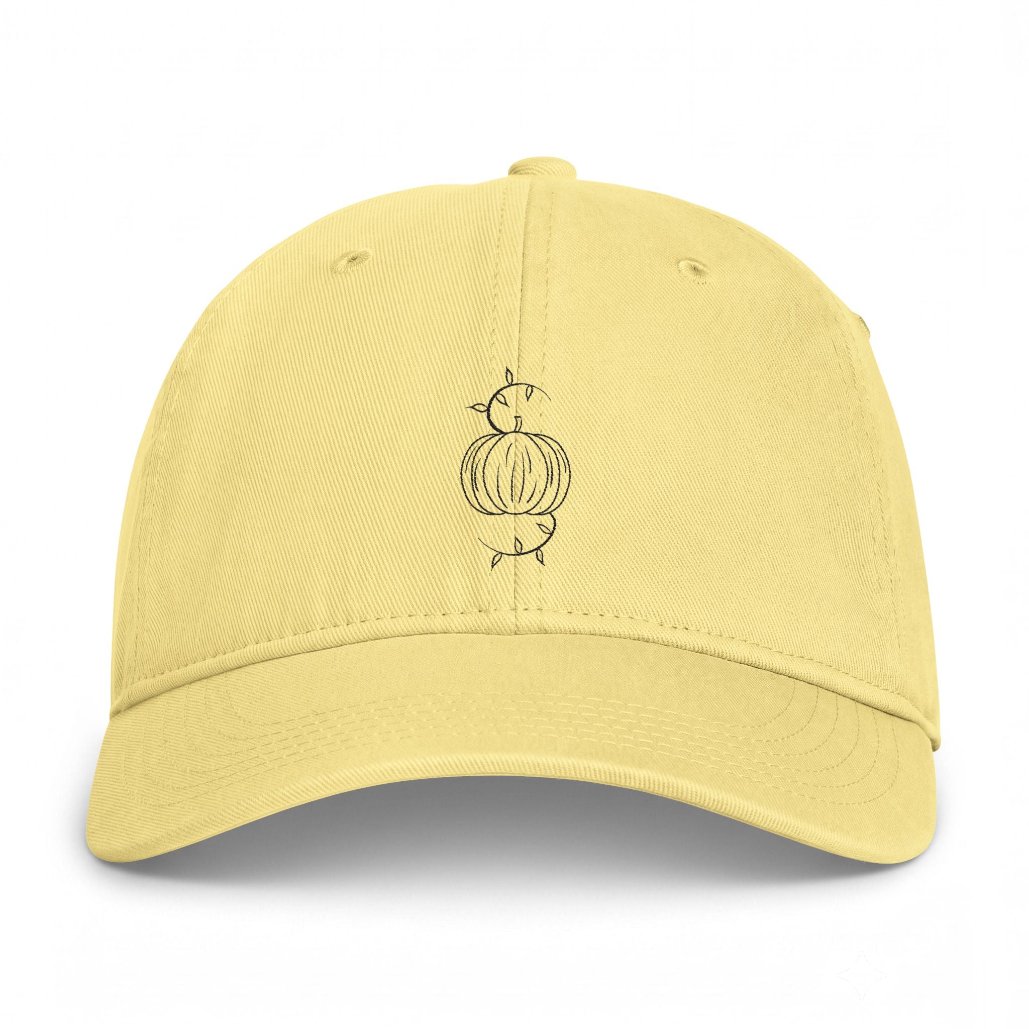 Buttery yellow washed baseball cap with embroidered pumpkin graphic and eyelets