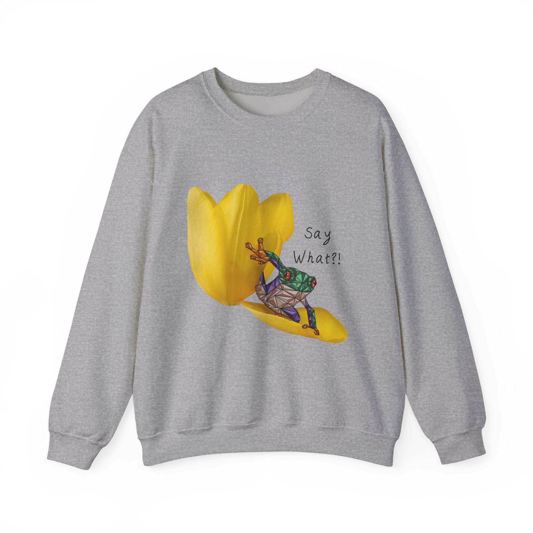 Light gray crewneck sweatshirt with yellow tulip frog graphic and “Say What?!” text