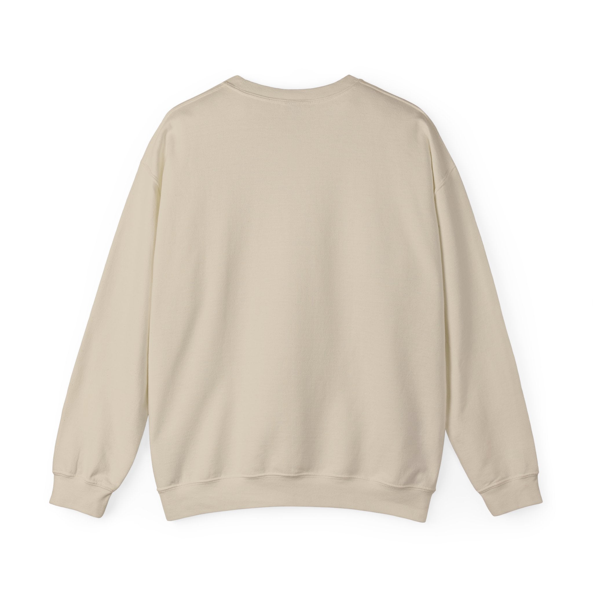 Light beige crewneck sweatshirt with ribbed cuffs and hem, back view.