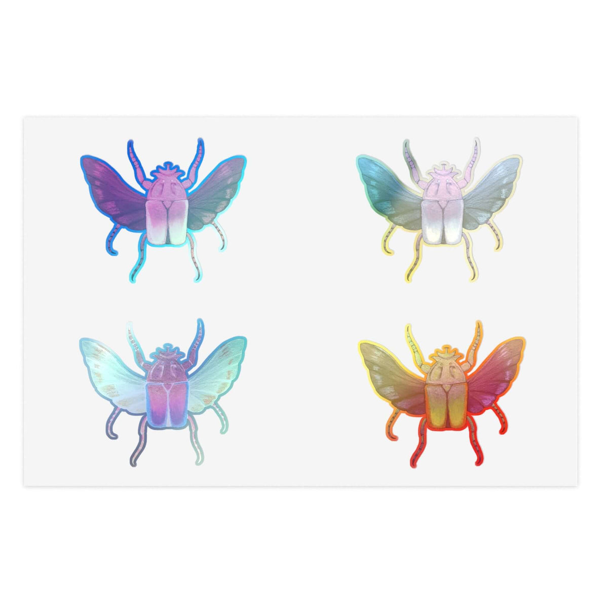 Die-cut insect sticker sheet with four pastel winged beetles in blue, green, and gold.