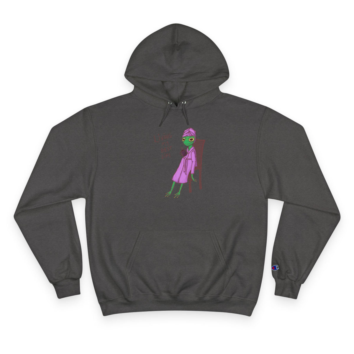 Unisex dark gray hoodie with drawstring hood, front pocket, and centered character graphic