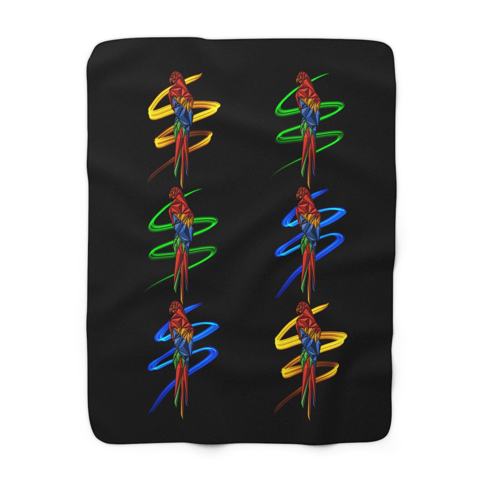 Black sherpa fleece blanket with multicolor parrot spiral motifs, six bird designs