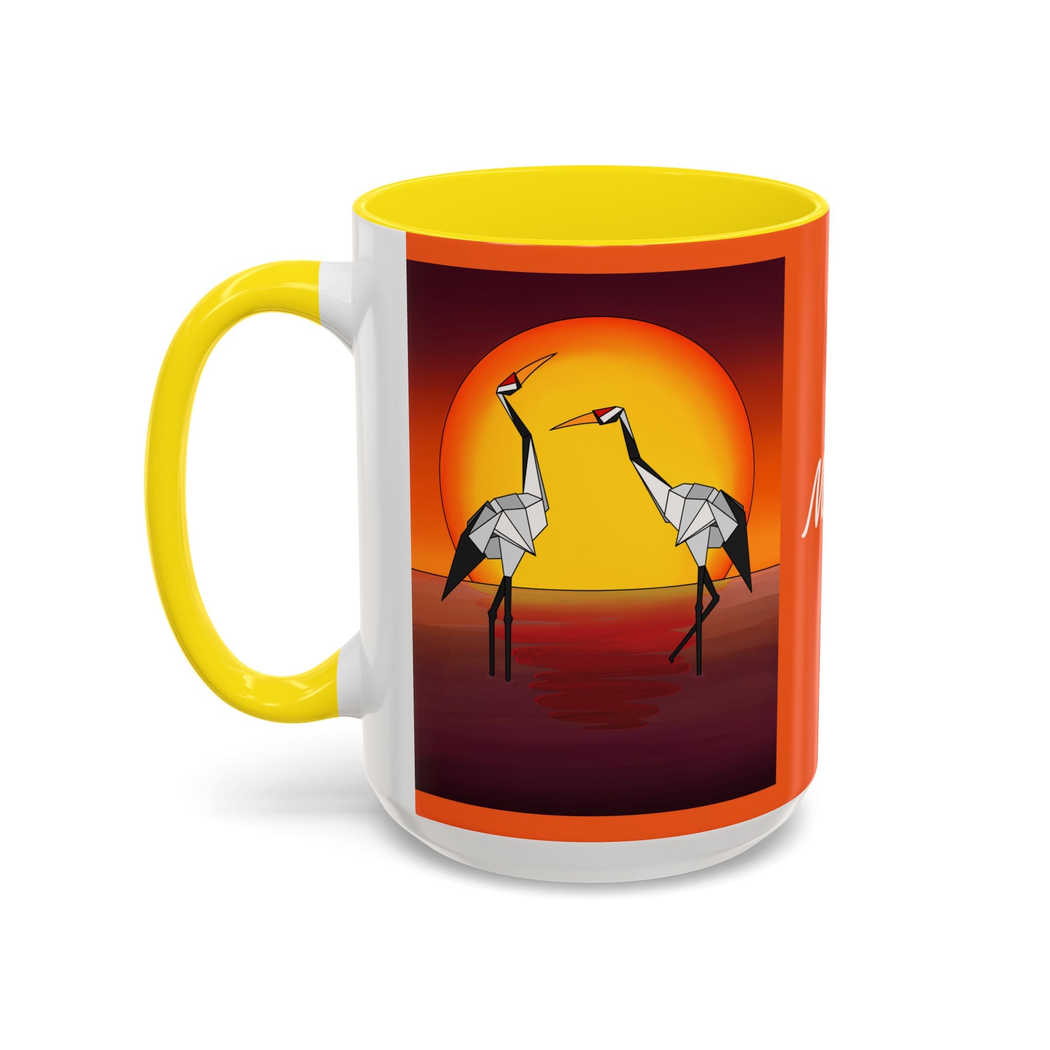 Origami cranes coffee mug, yellow handle and interior, full wrap sunset scene with cranes