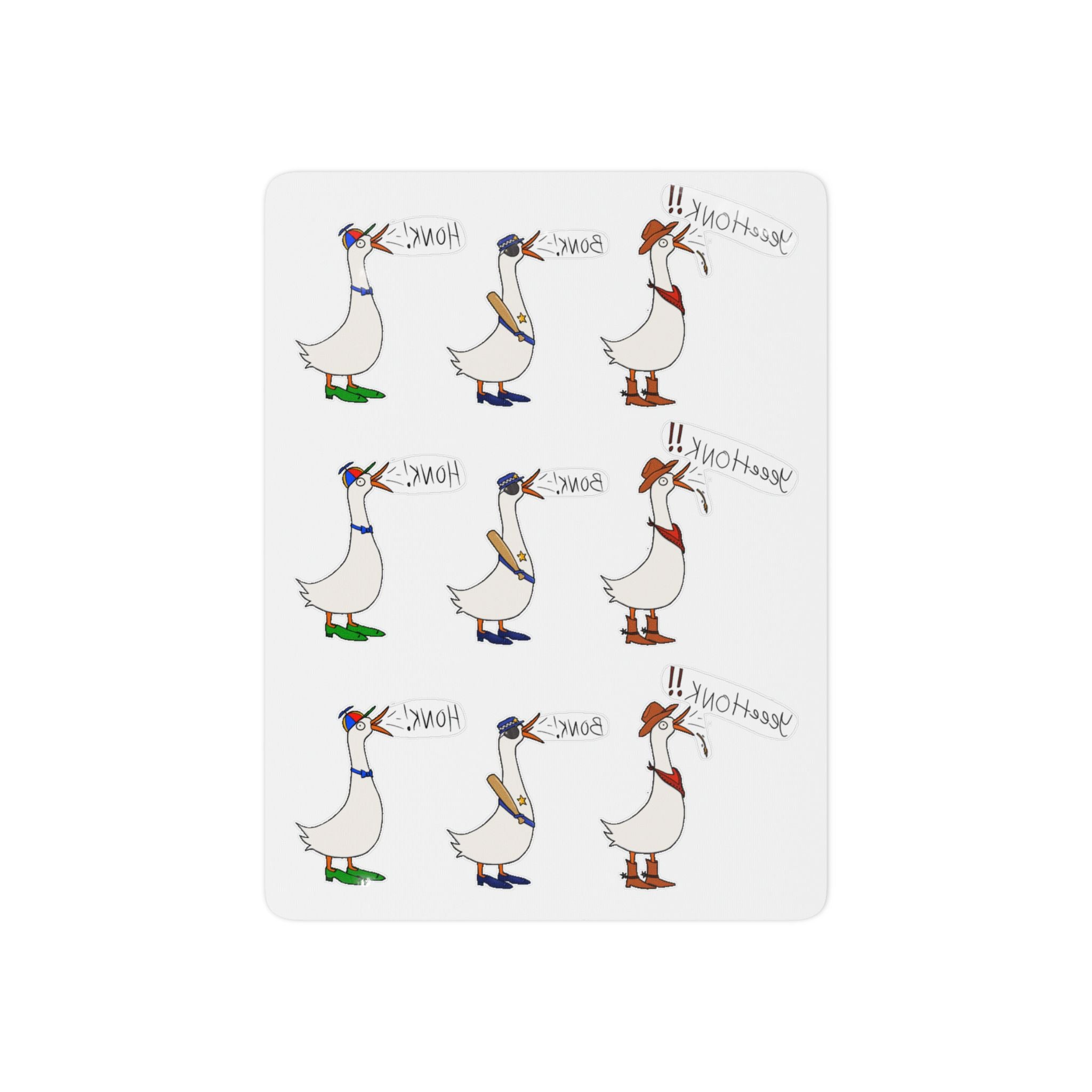 Temporary goose tattoo sheet featuring nine white geese with colorful feet and beaks