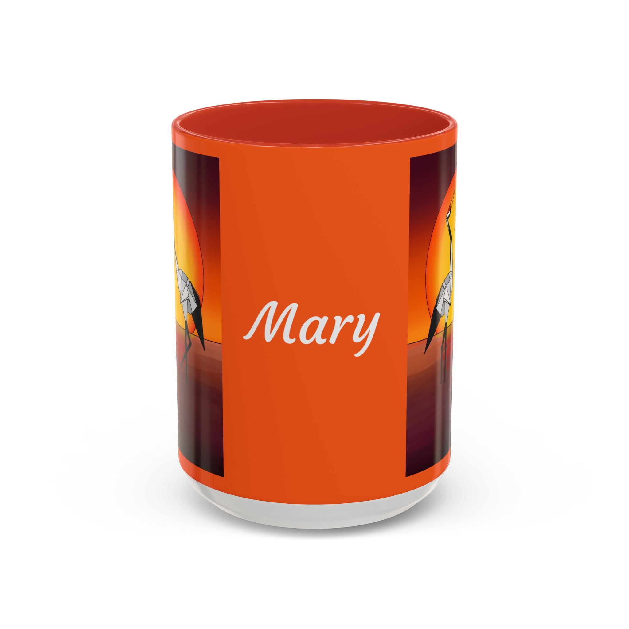 Orange coffee mug with red lid, “Mary” text and origami crane artwork on sides