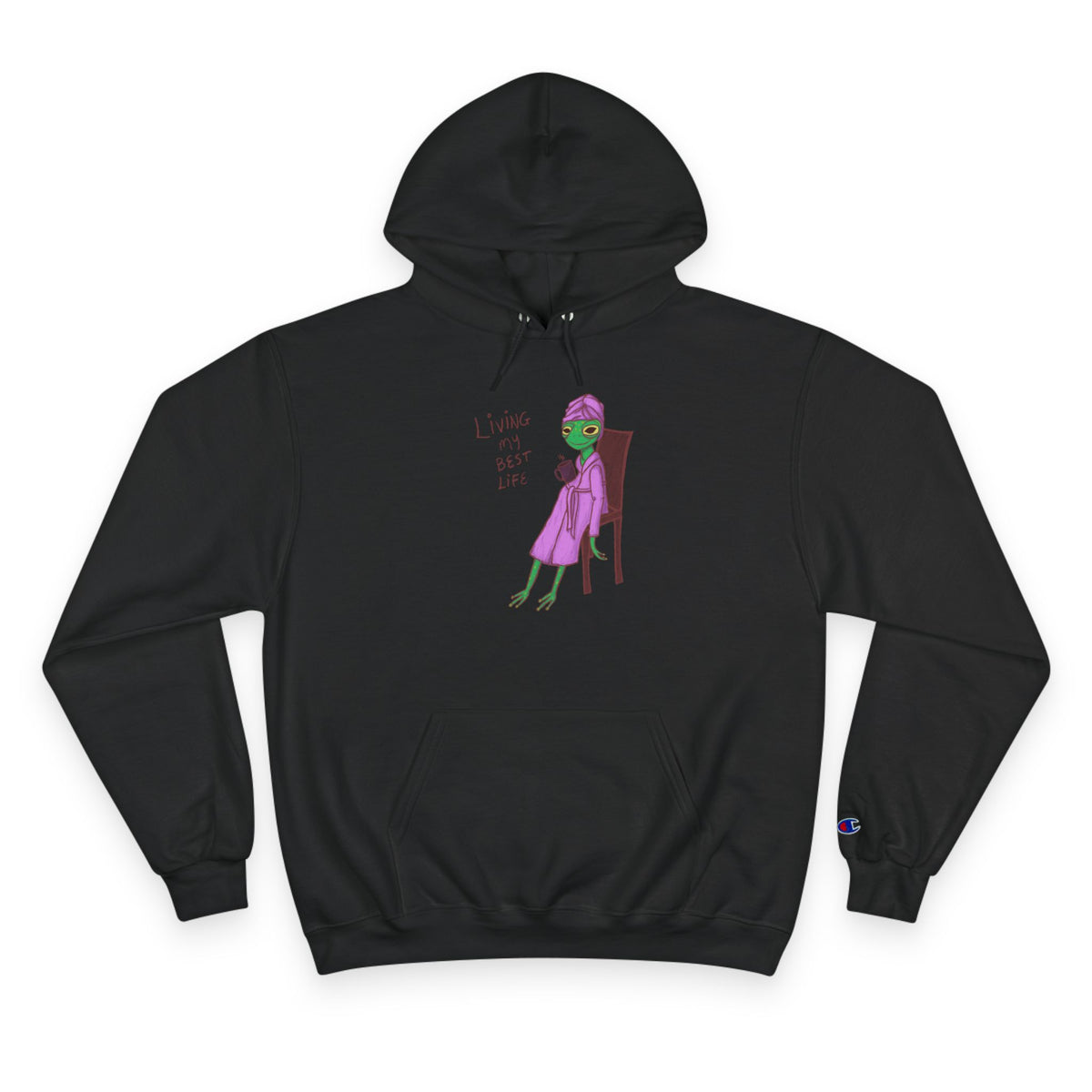 Unisex black hoodie with drawstring hood, front pocket, and centered character graphic