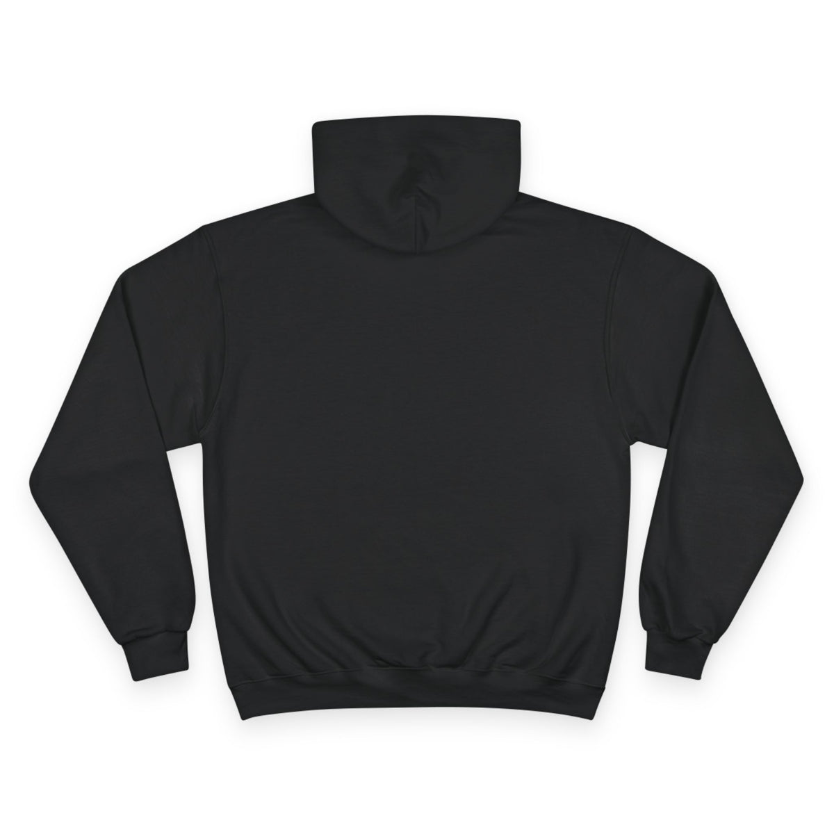 Black unisex hoodie with hood and long sleeves, front kangaroo pocket