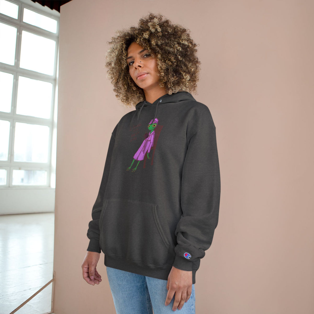 Dark gray unisex hoodie with hood, kangaroo pocket, long sleeves, and front graphic
