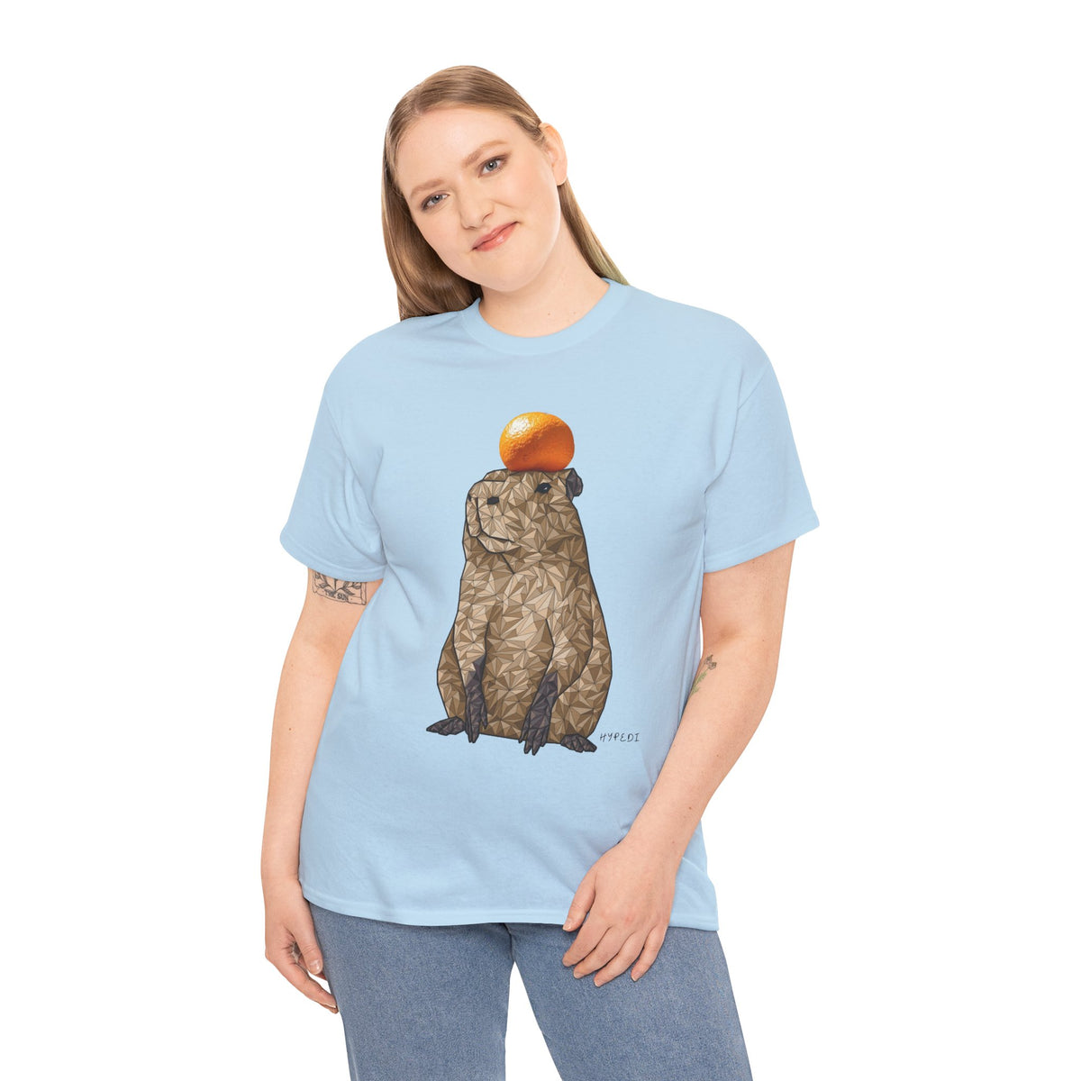 Unisex light blue T-shirt with centered geometric capybara graphic and orange top