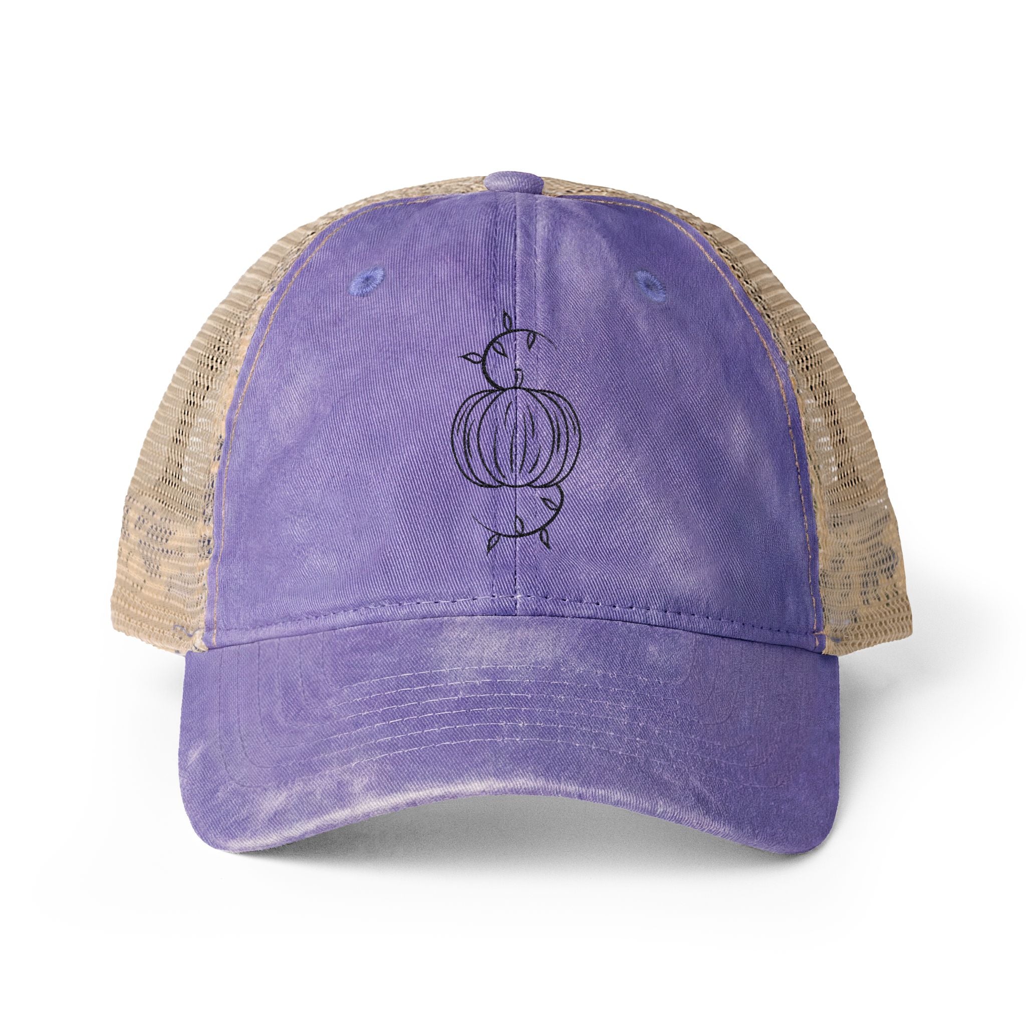 Washed mesh-back cap with lavender front, beige mesh back, and pumpkin logo embroidery