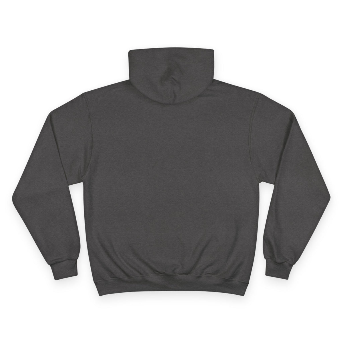 Dark gray unisex hoodie with hood and long sleeves, front kangaroo pocket