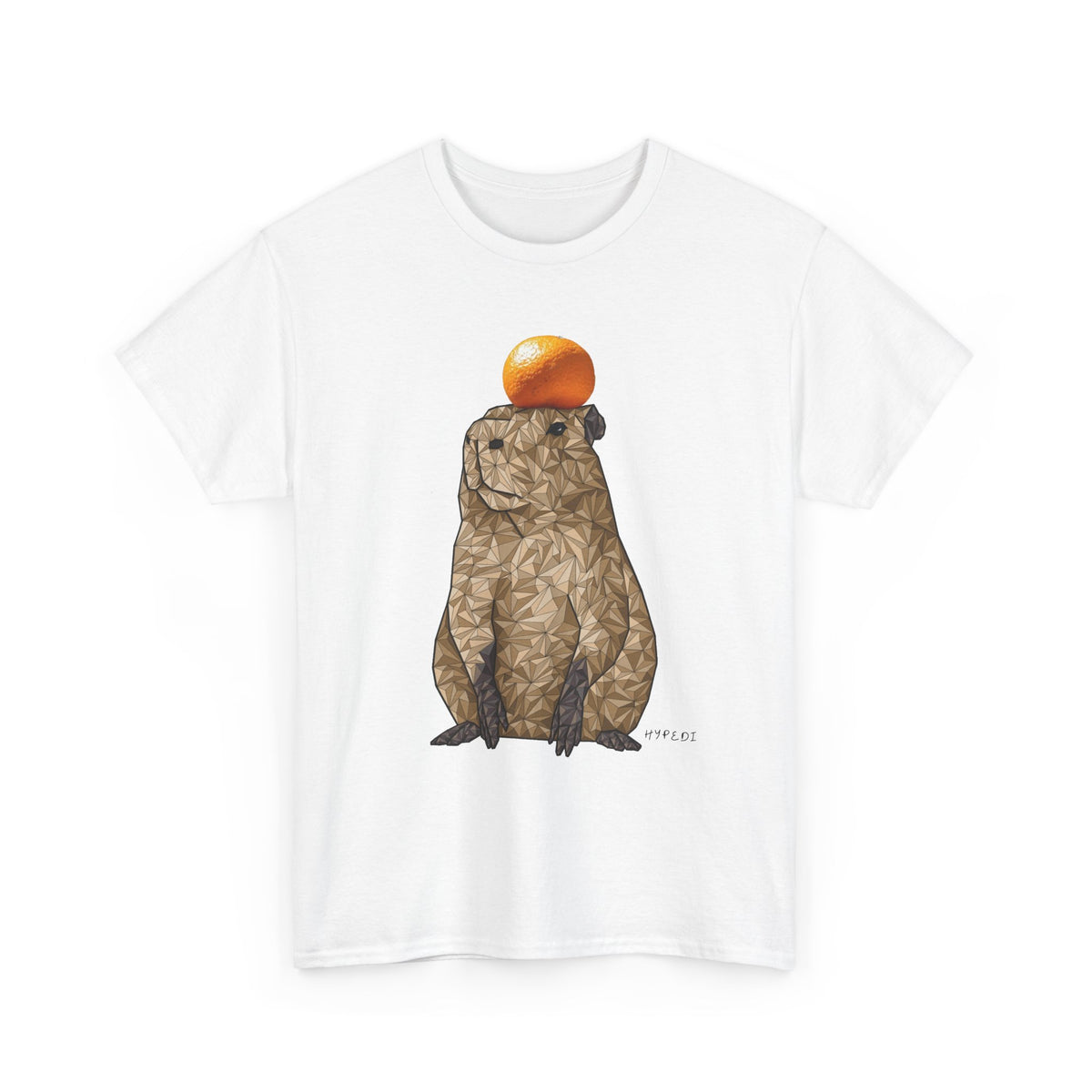 Unisex heavy cotton t-shirt in white with capybara and orange hat graphic on front