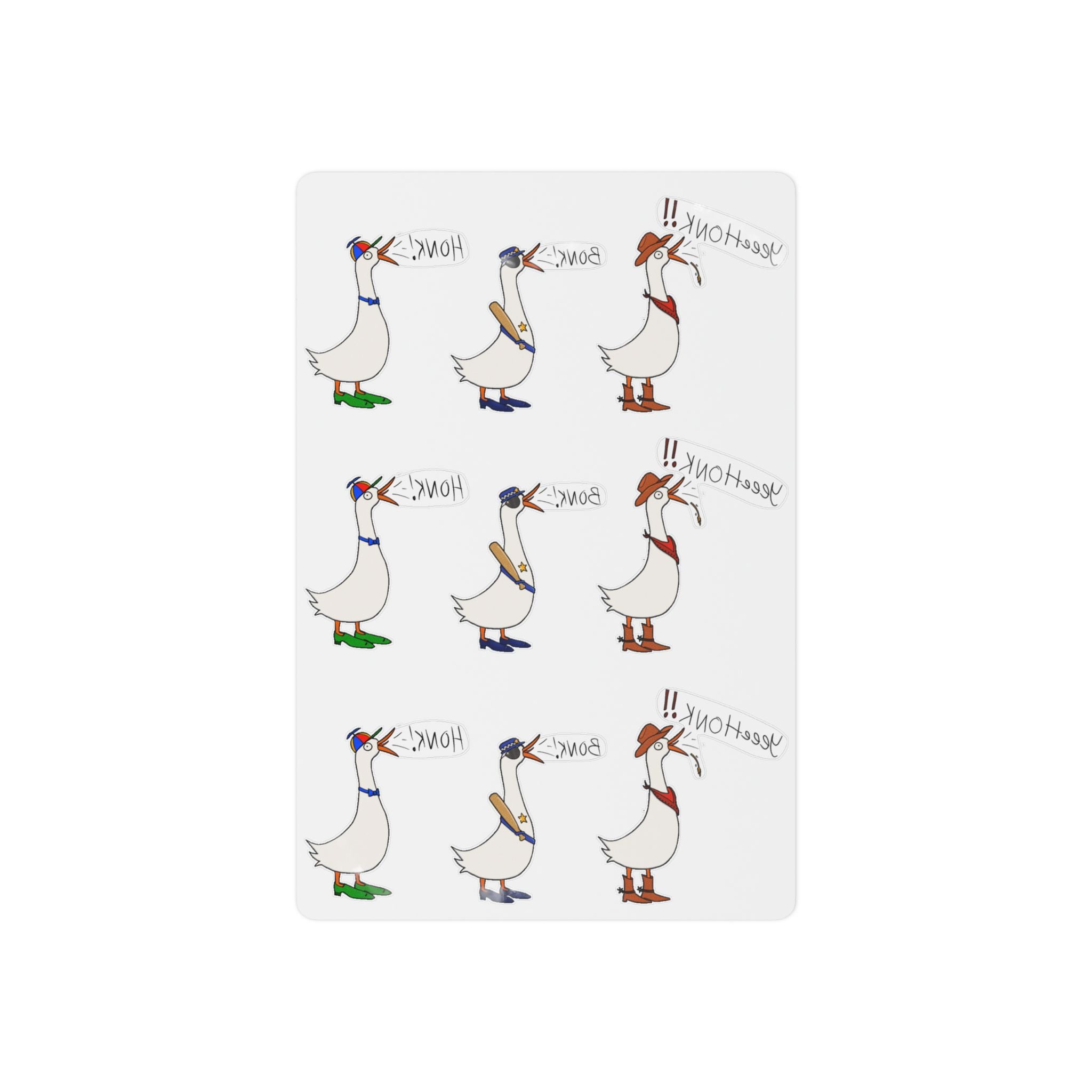 Set of temporary goose tattoos sheet with nine small geese poses, full color