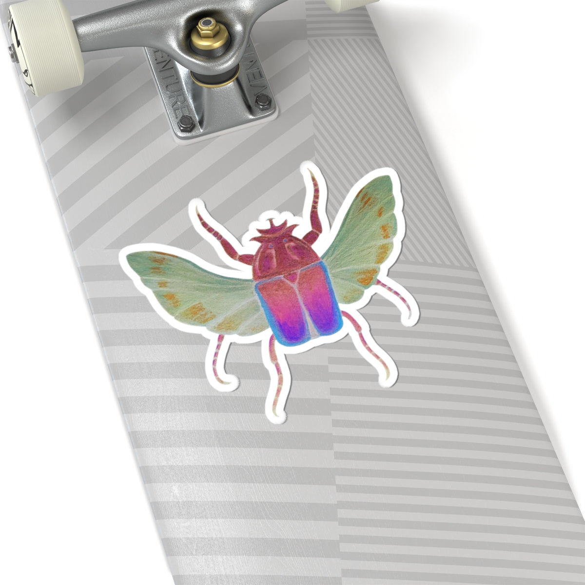 Iridescent beetle kiss-cut sticker with rainbow wings, curled legs, and white outline
