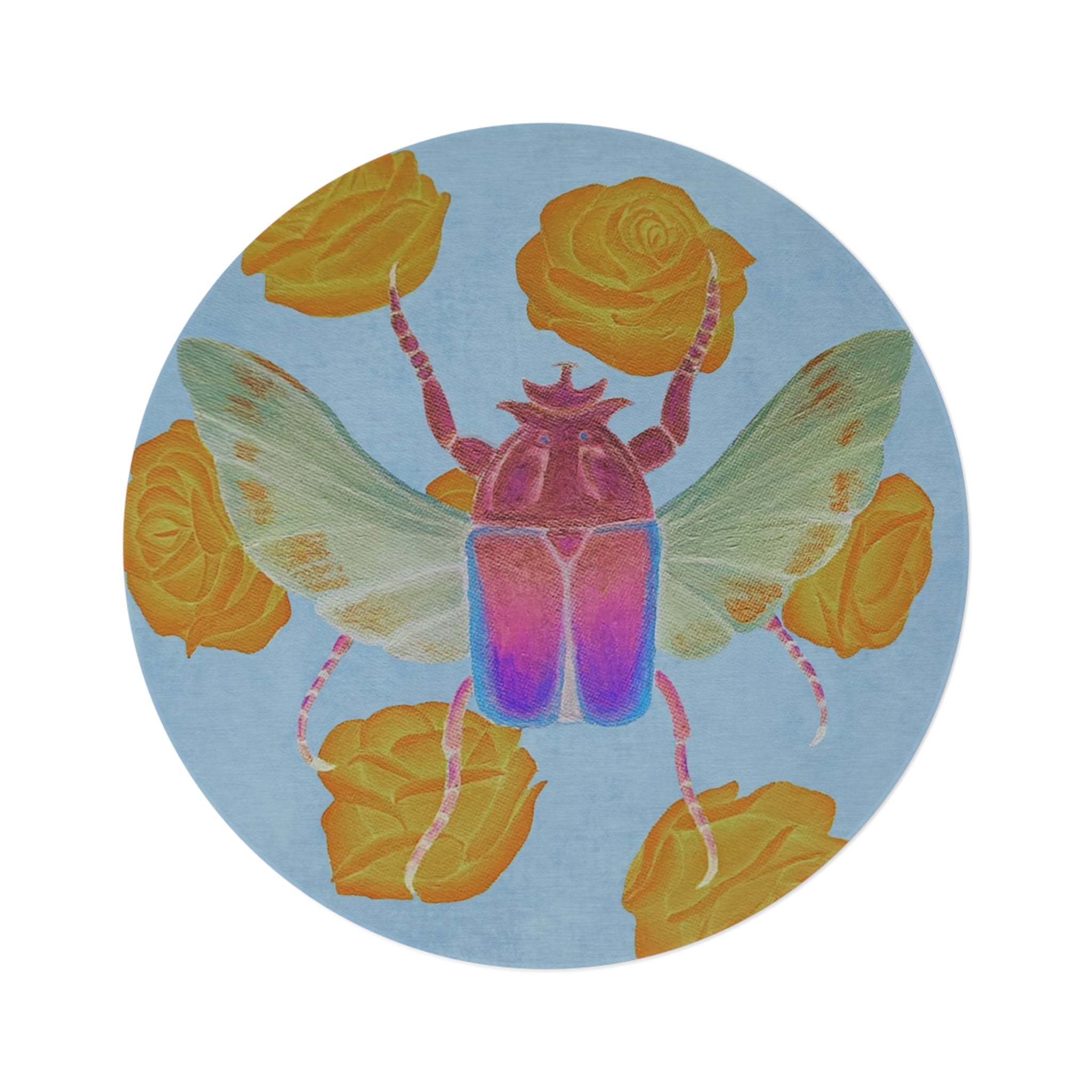 Round area rug close-up of colorful scarab beetle with yellow rose petals