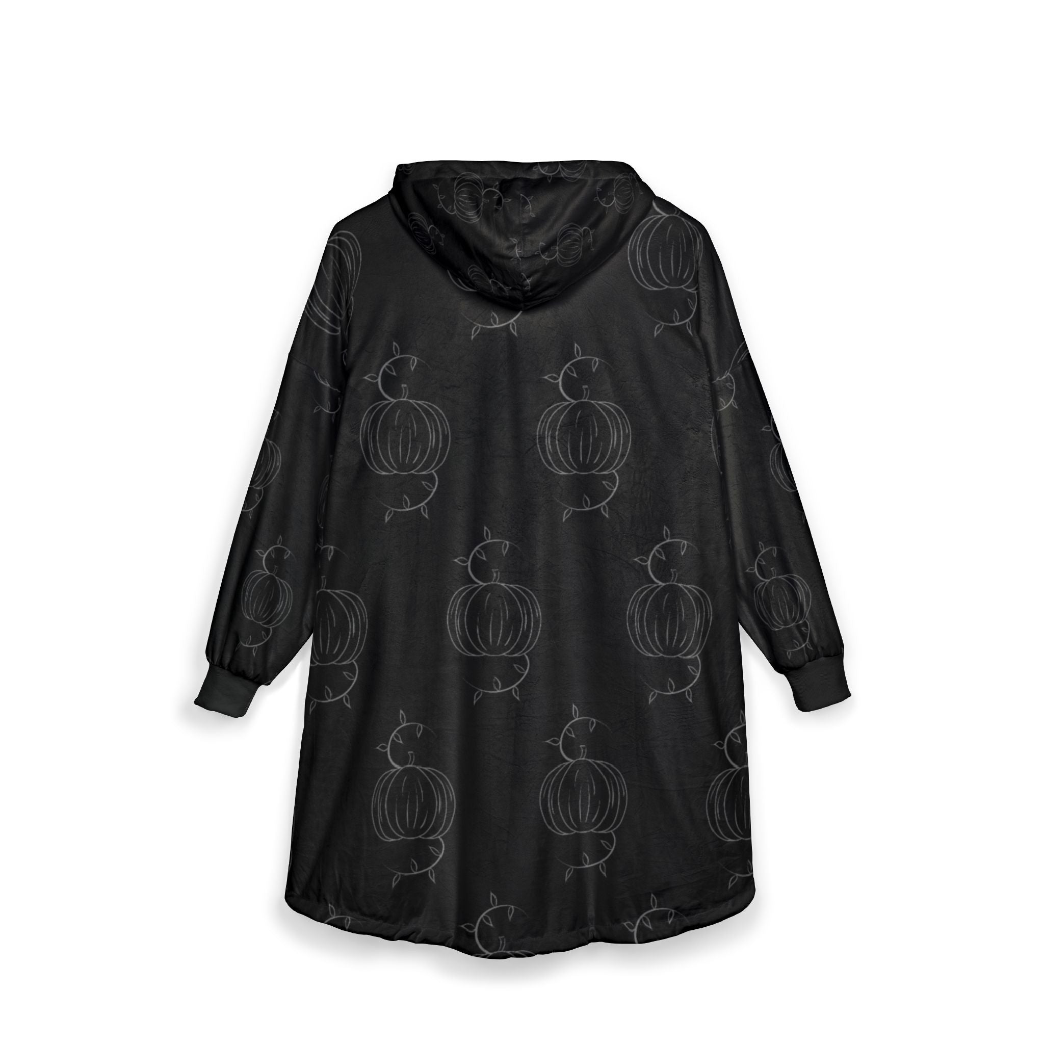 Black hooded blanket with allover pumpkin motif, rear view