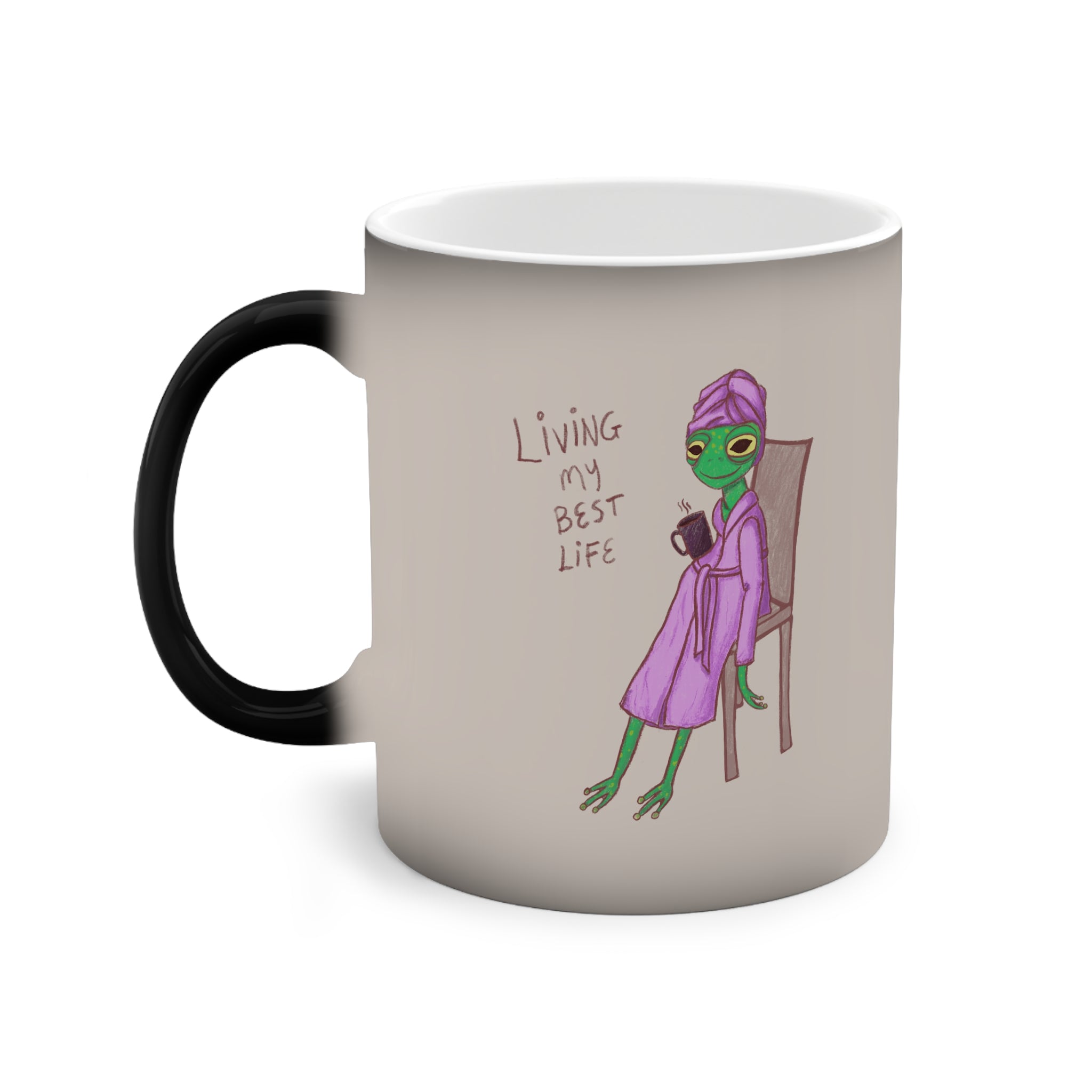 Color-changing mug, black handle, purple frog in dress & &