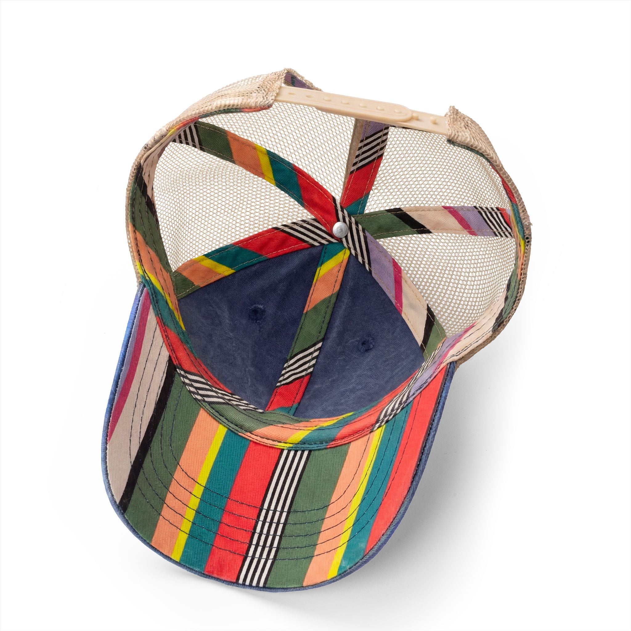Washed mesh-back cap with multicolor stripe patchwork panels and mesh back