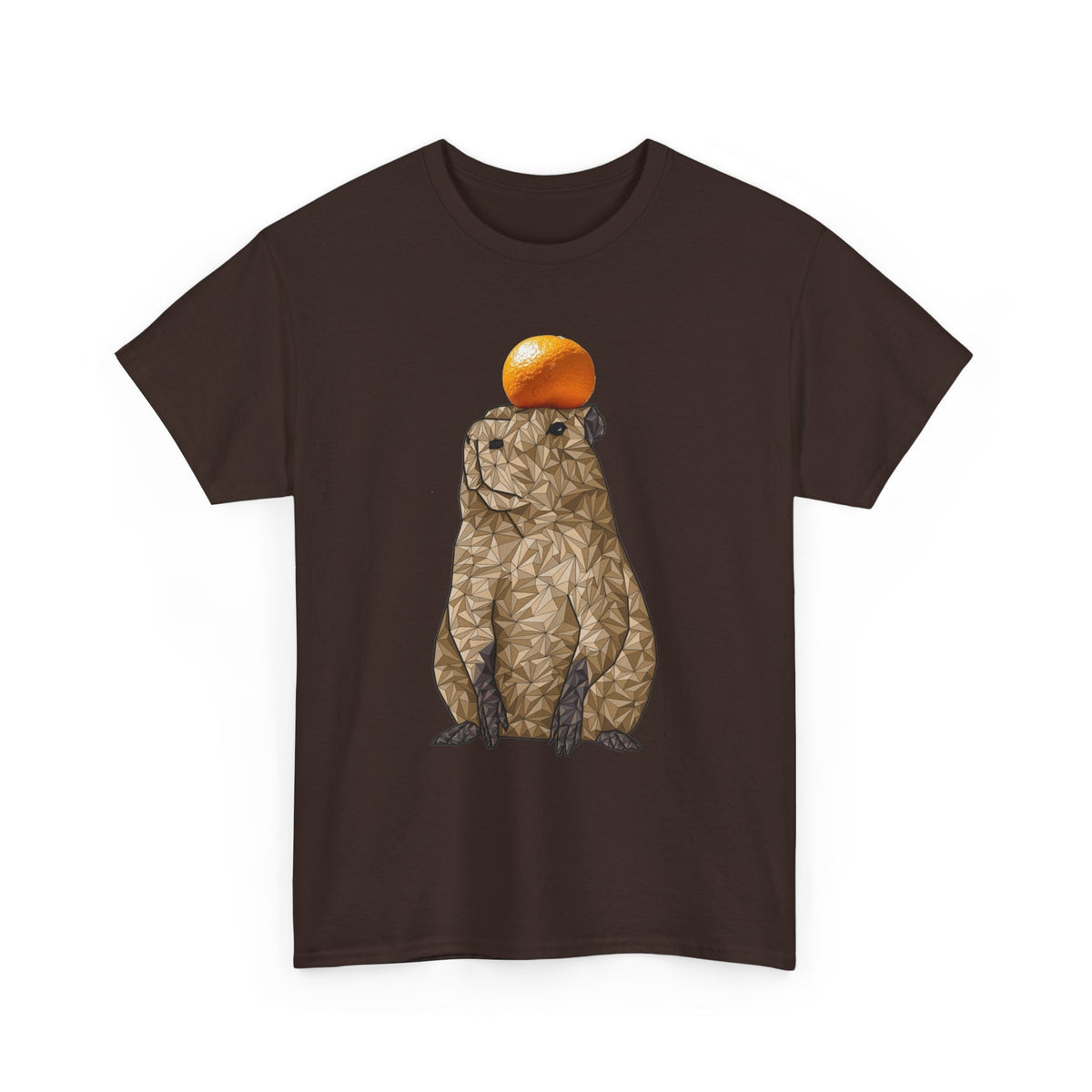 Unisex heavy cotton t-shirt, dark brown, capybara graphic with orange fruit on front