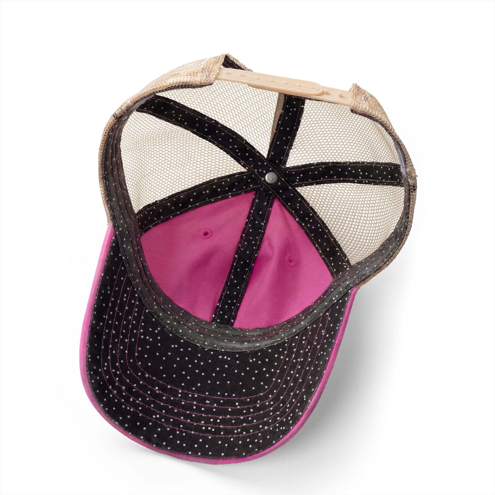 Washed mesh-back cap with black stripes, dotted trim, and magenta underbrim