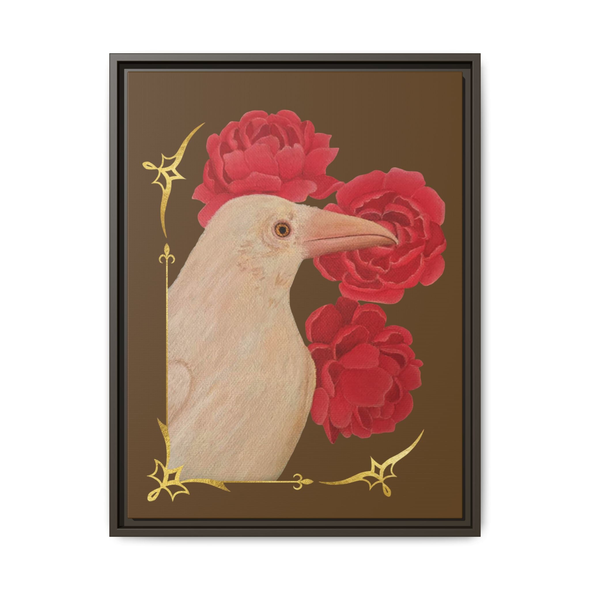 Framed art print close-up of white raven beside red peonies, black frame