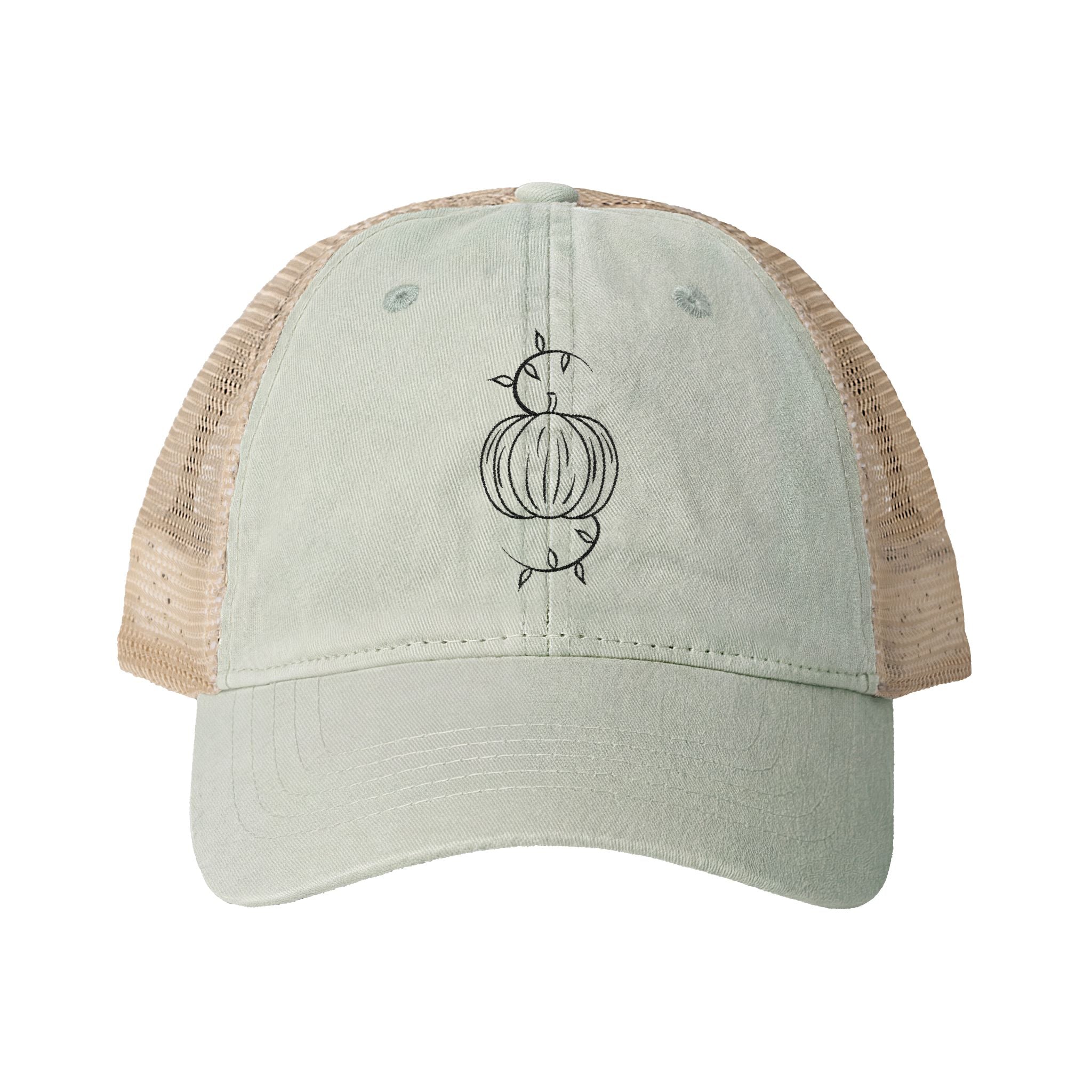 Washed mesh-back cap with light sage front, beige mesh back, and pumpkin logo embroidery
