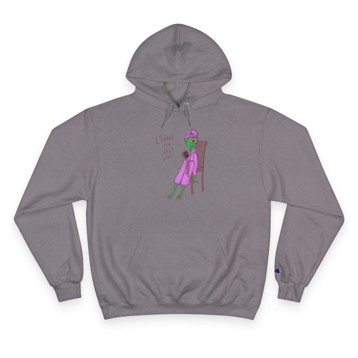 Unisex stone gray hoodie with drawstring hood, front pocket, and colorful character graphic