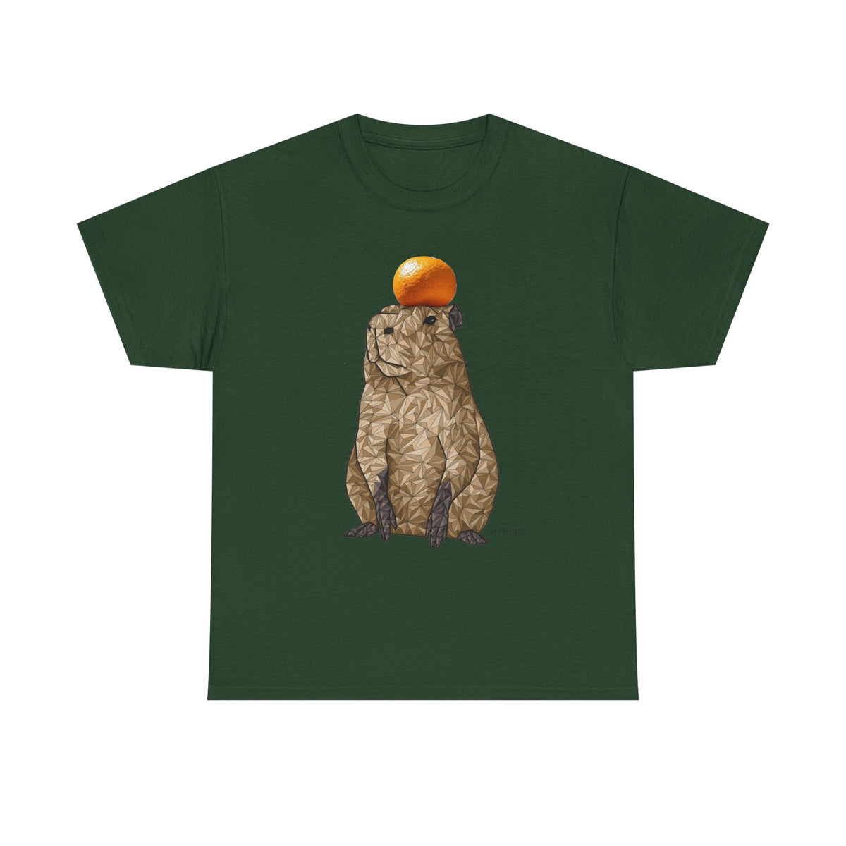 Unisex heavy cotton t-shirt in dark green with capybara and orange hat graphic on front