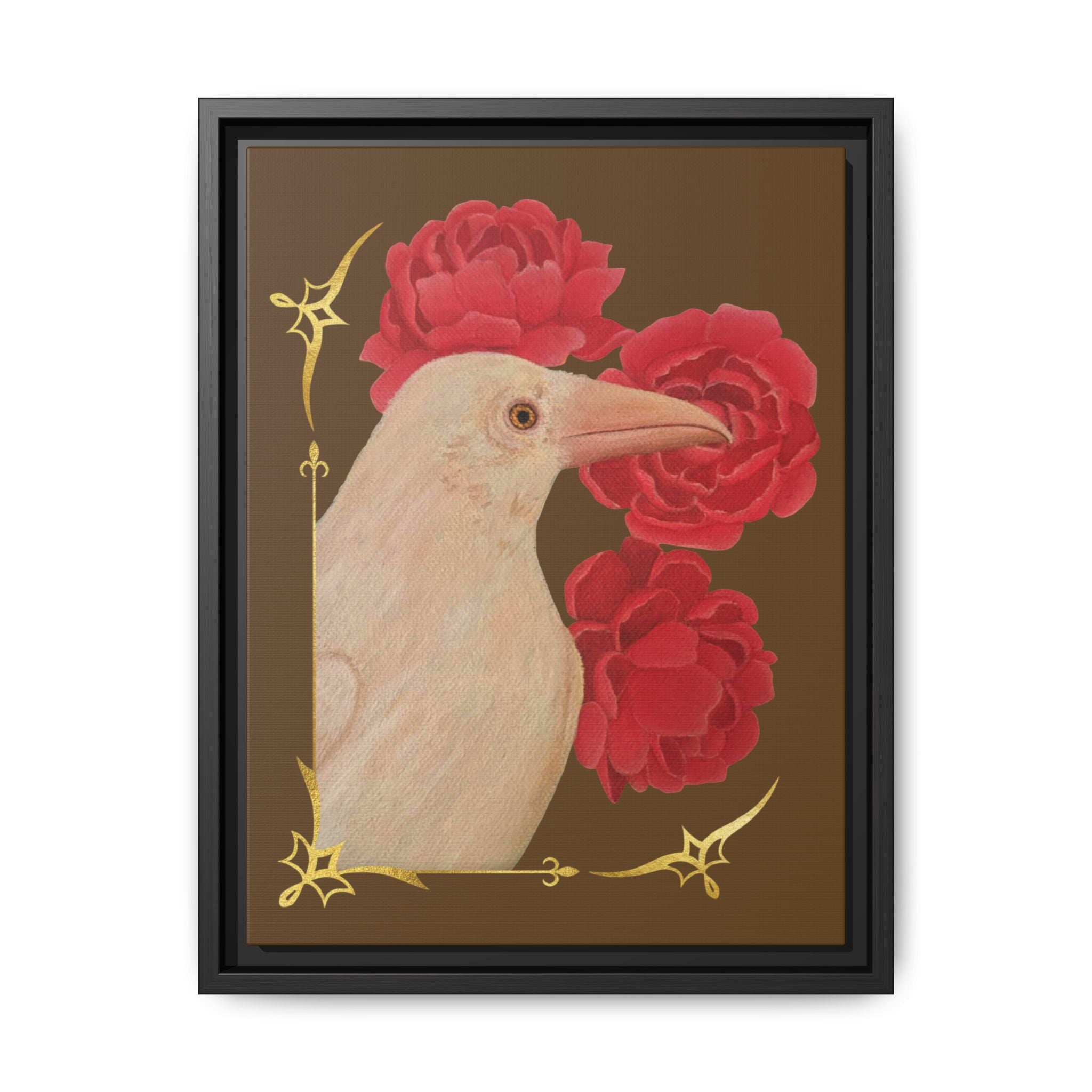 Framed canvas art print of a white raven with red peonies, black frame