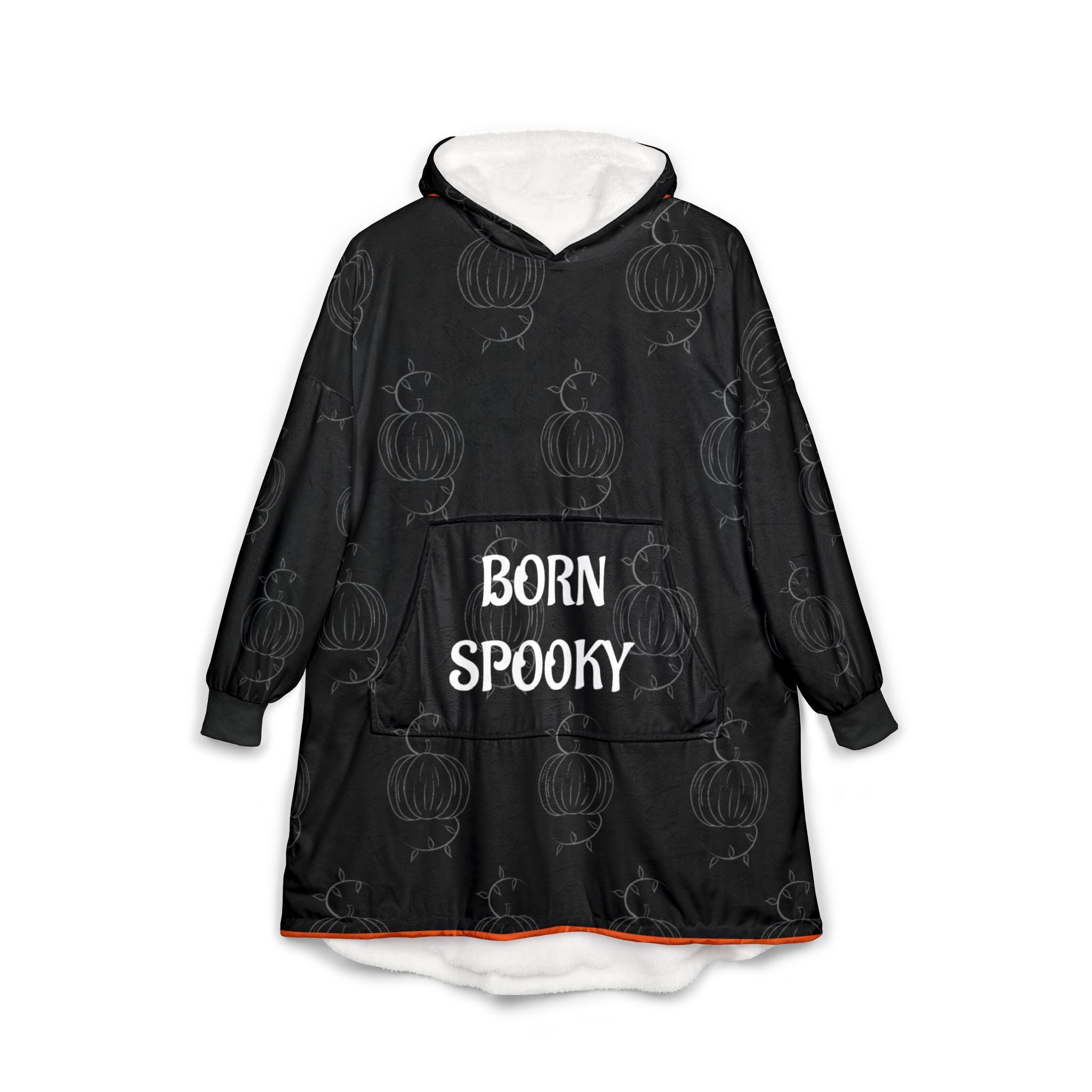 Black hooded blanket with pumpkin motif, front pocket, and "BORN SPOOKY" text