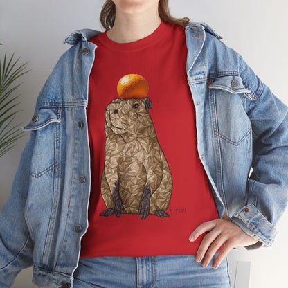 Red unisex T-shirt with capybara graphic holding an orange on the front