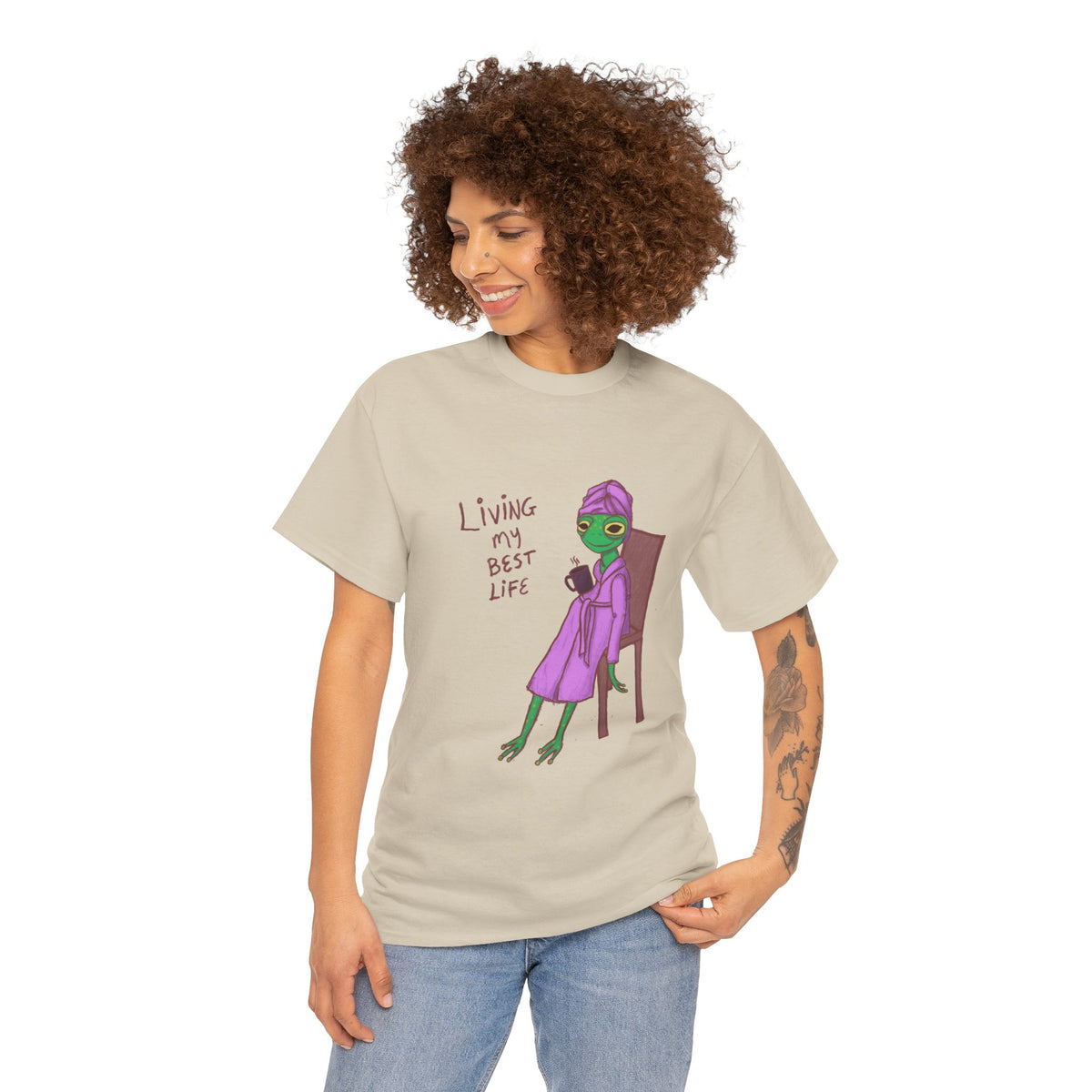 Natural beige crew-neck graphic T-shirt with character illustration and slogan