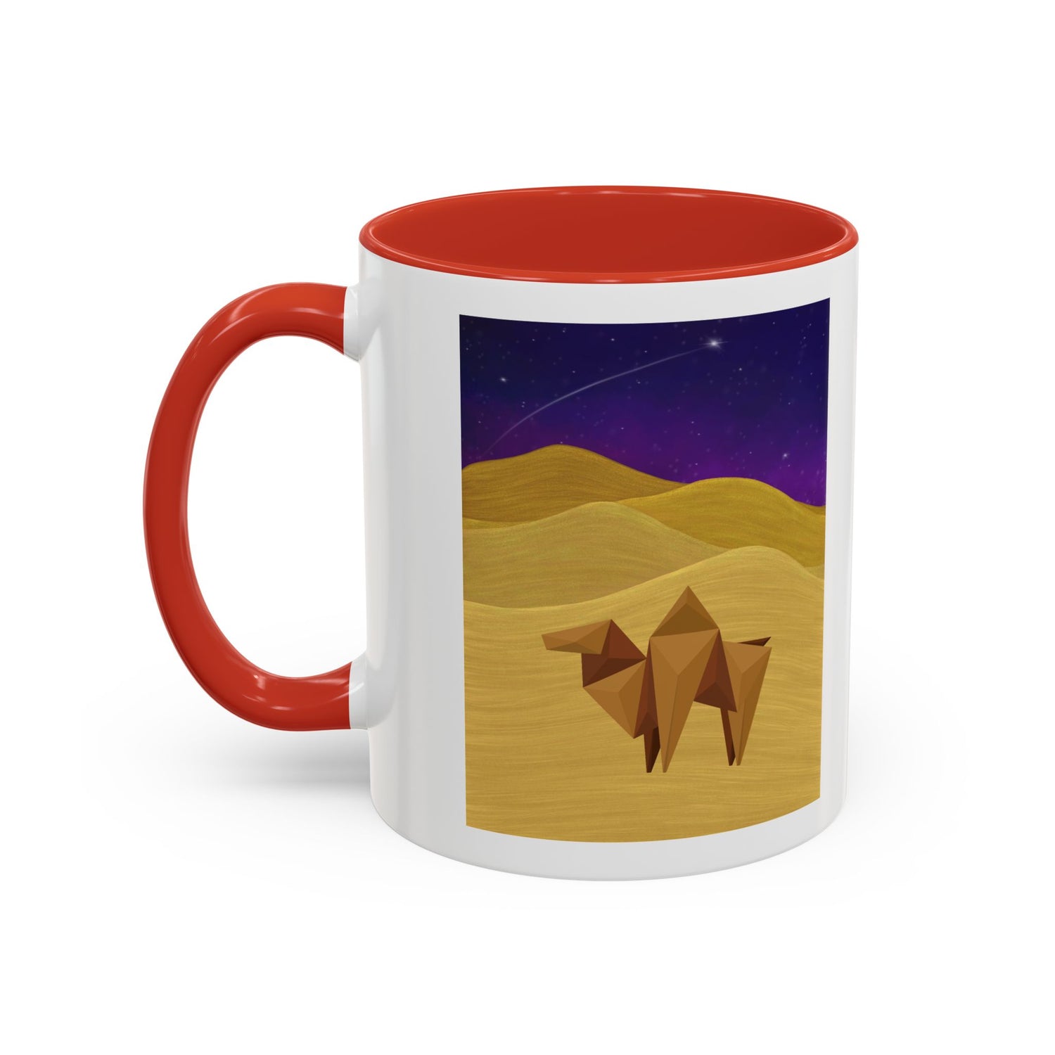 White coffee mug with red rim and handle, desert-night camel graphic over sand dunes