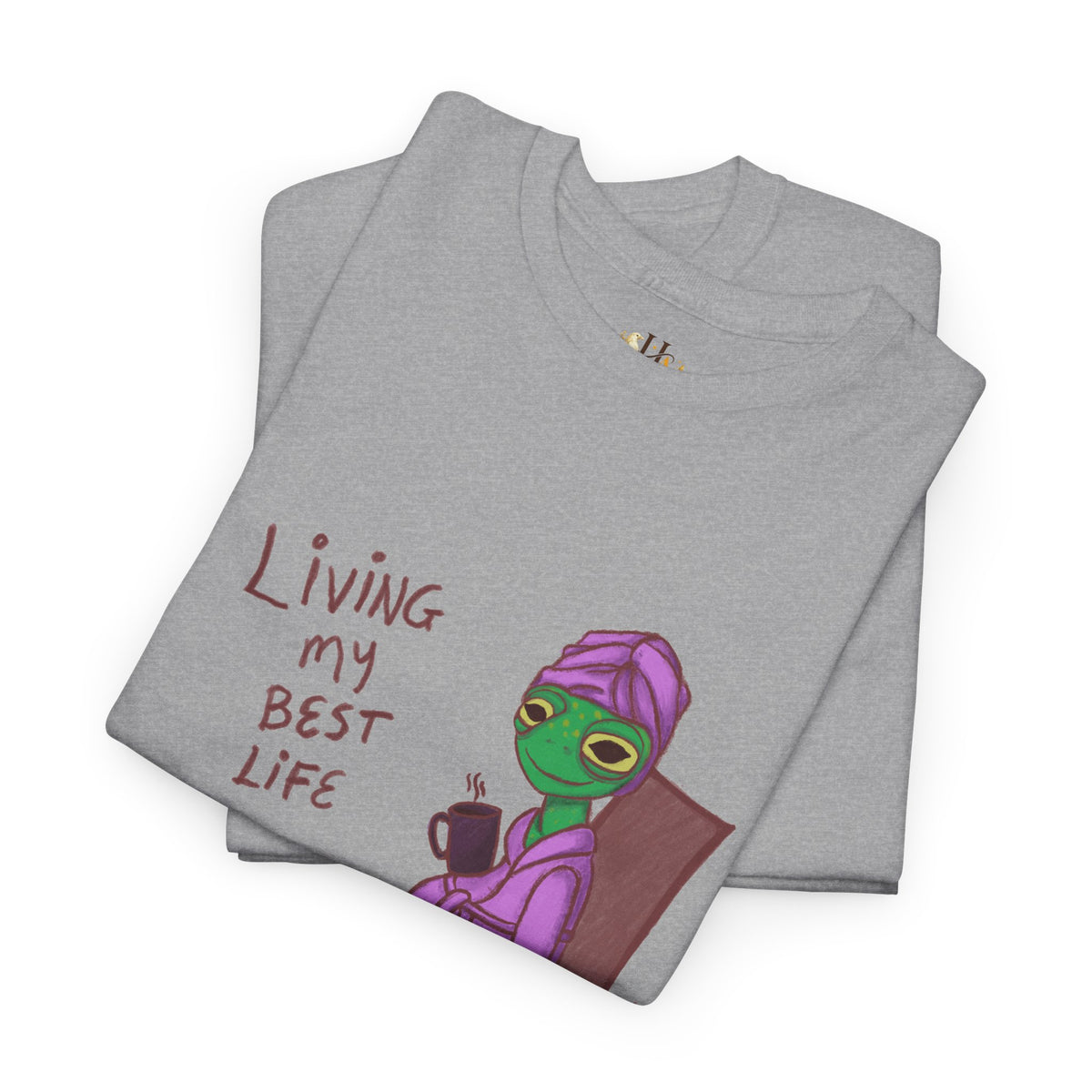Gray heather crew-neck graphic T-shirt with colorful character and text