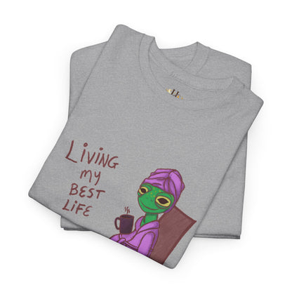 Gray heather crew-neck graphic T-shirt with colorful character and text