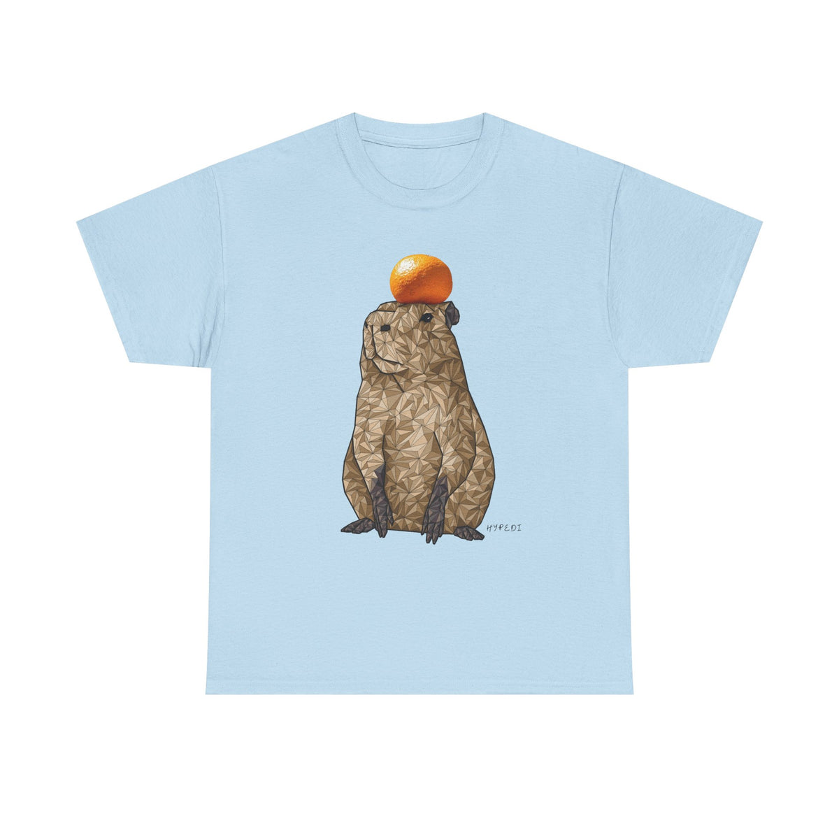 Unisex heavy cotton t-shirt in light blue with capybara and orange hat graphic on front