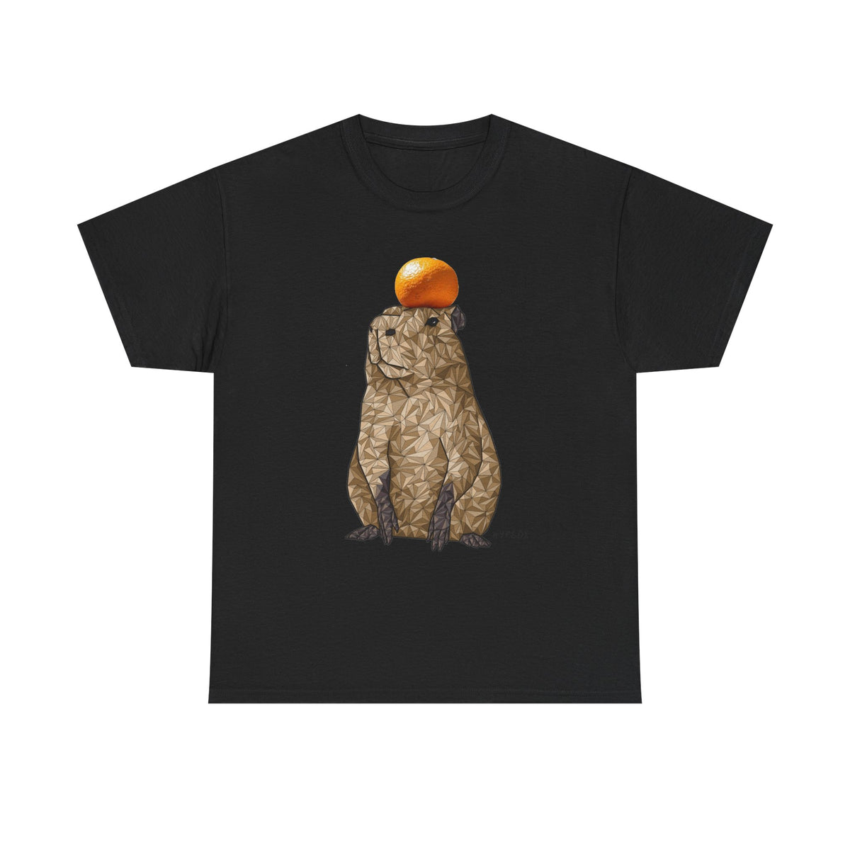 Unisex graphic T-shirt, black crewneck with capybara and orange top graphic