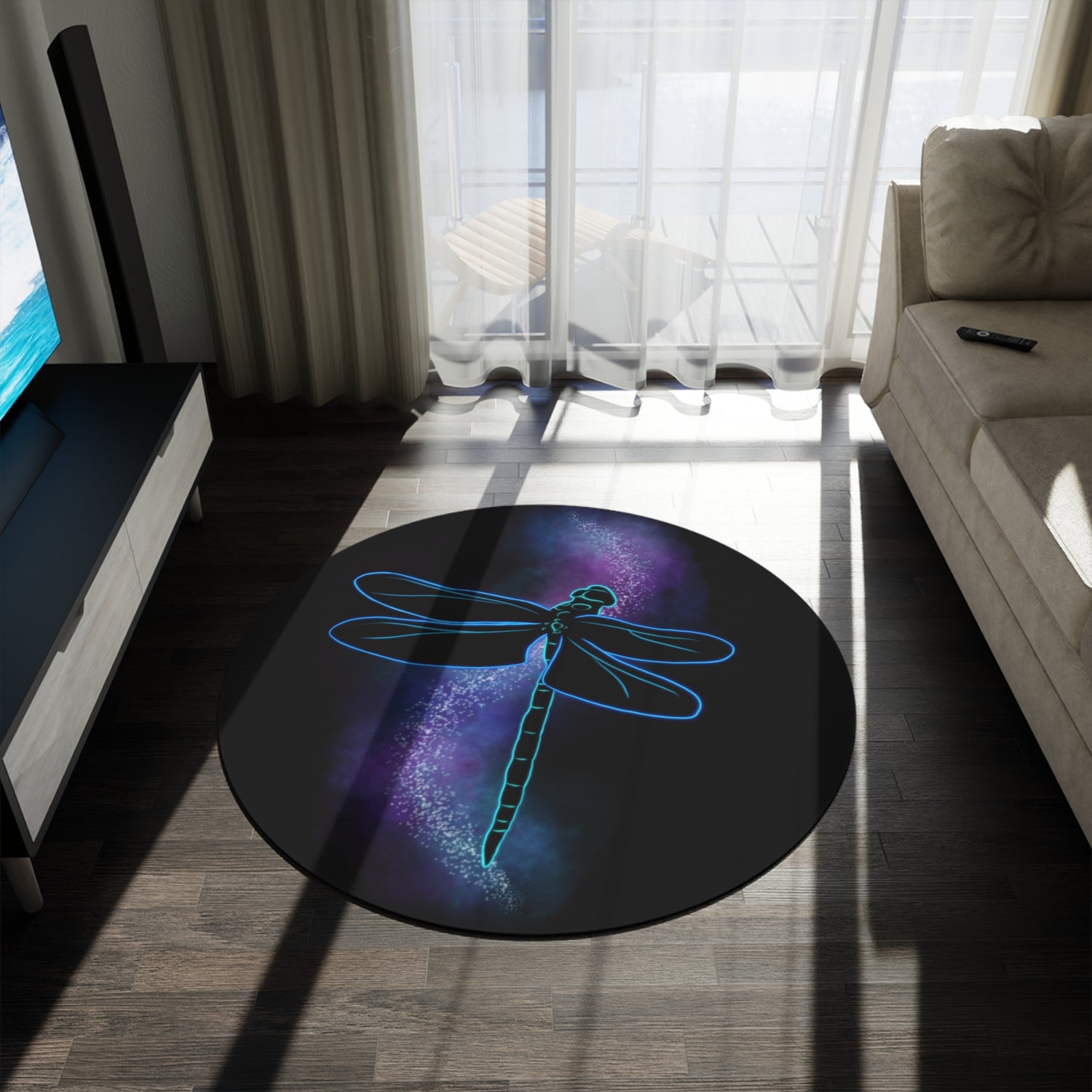 Round galaxy rug with neon blue dragonfly accent, dark base