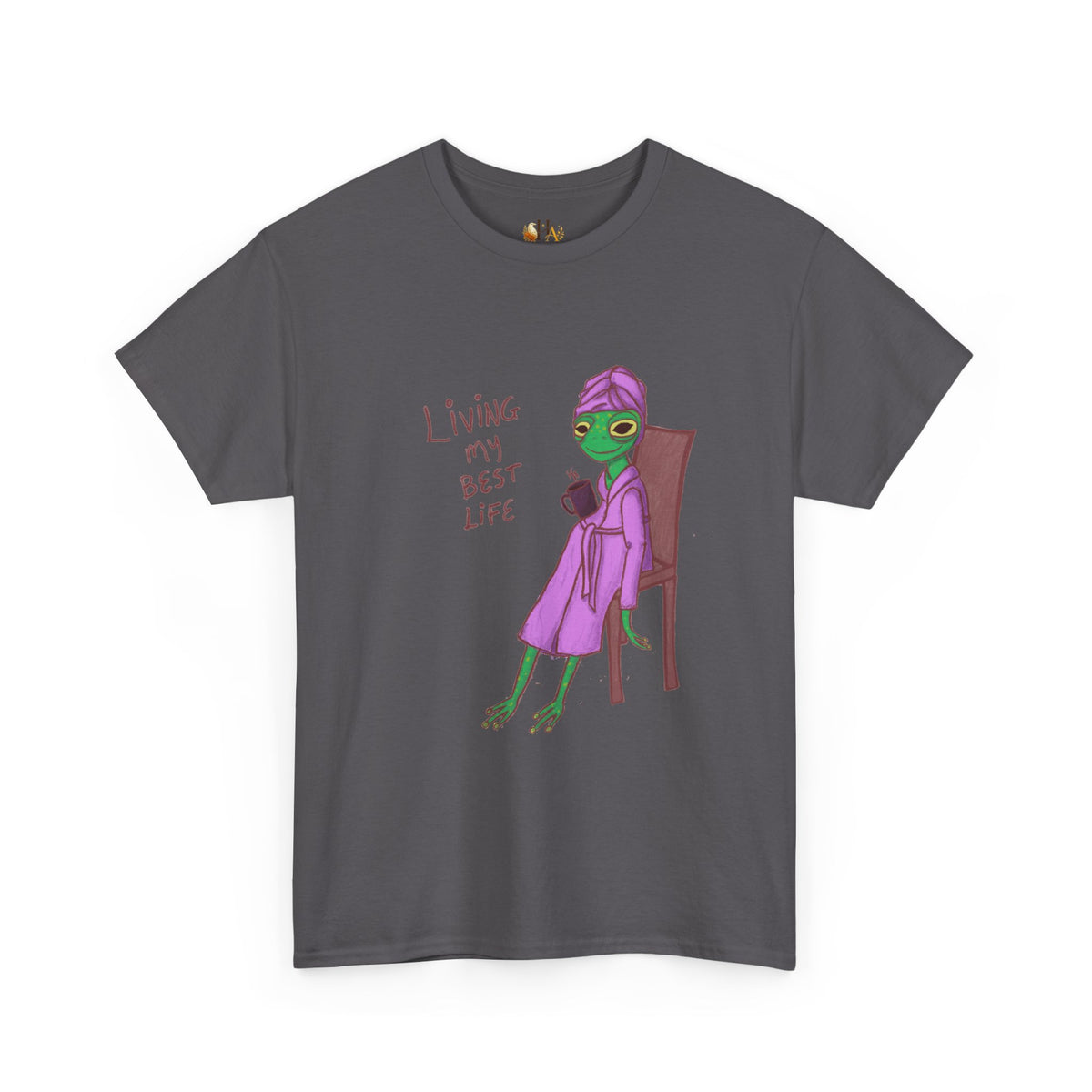 Charcoal graphic t-shirt with purple alien-girl character and &