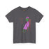 Charcoal graphic t-shirt with purple alien-girl character and &
