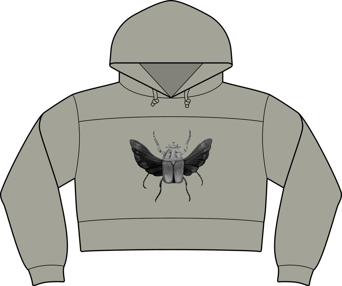 Cropped fleece hooded sweatshirt in light heather gray, featuring insect graphic and front pocket.