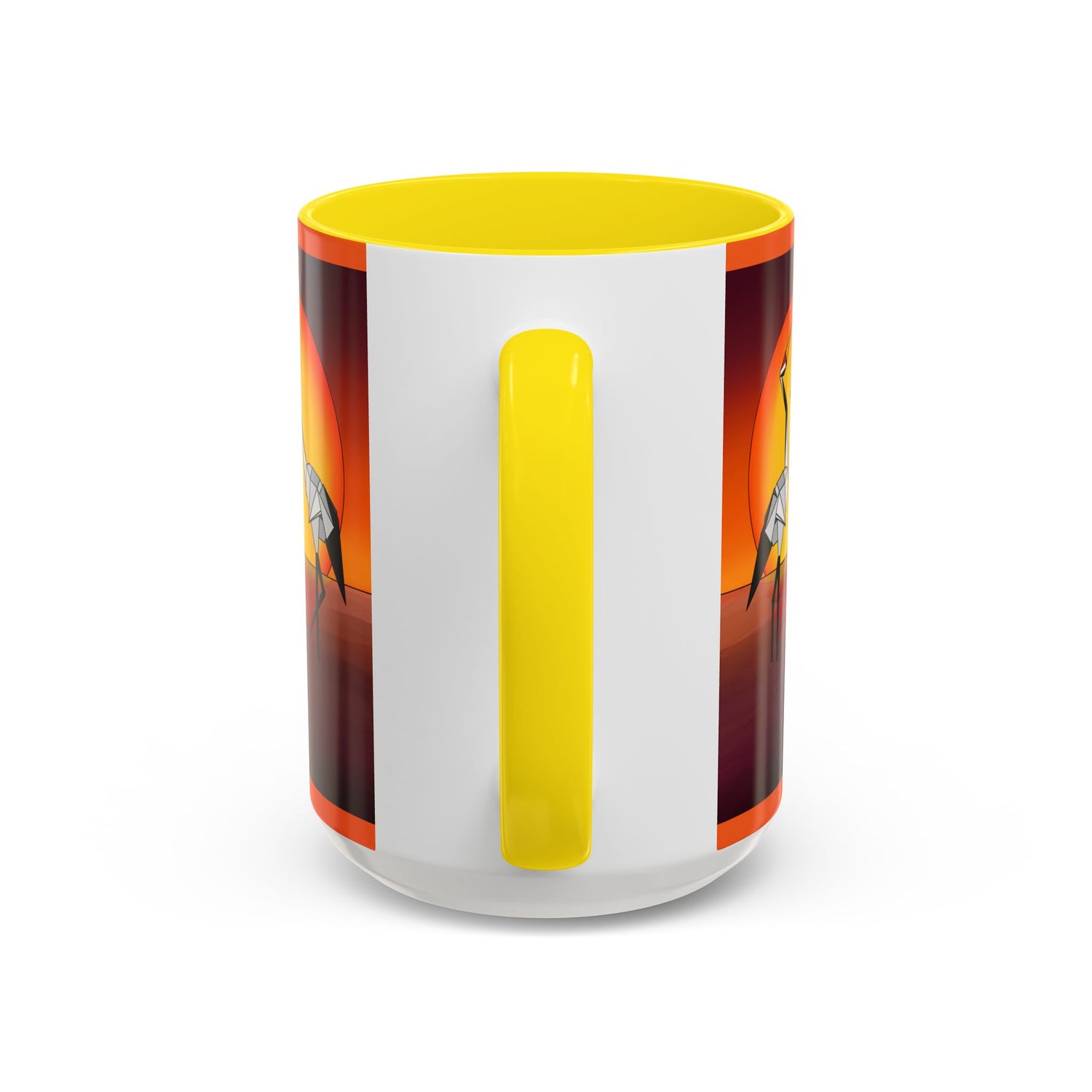 Origami cranes coffee mug, yellow rim, orange wrap with cranes and large vertical yellow panel