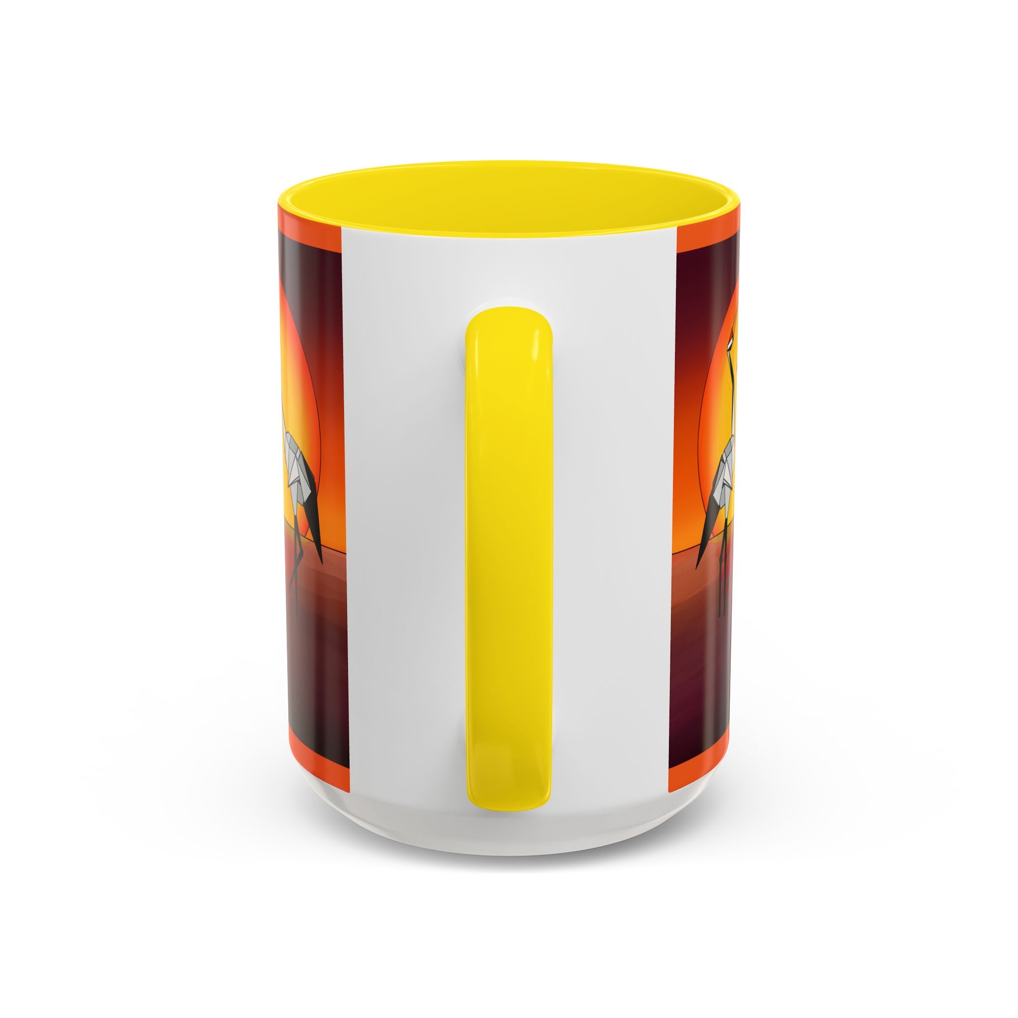 Origami cranes coffee mug, yellow rim, orange wrap with cranes and large vertical yellow panel